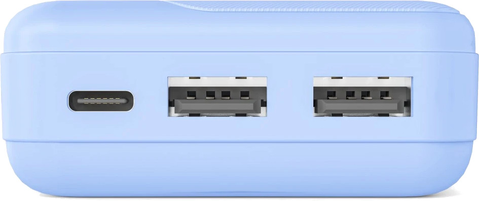 Jasnoniebieski power bank z jednym portem USB-C i dwoma USB-A.