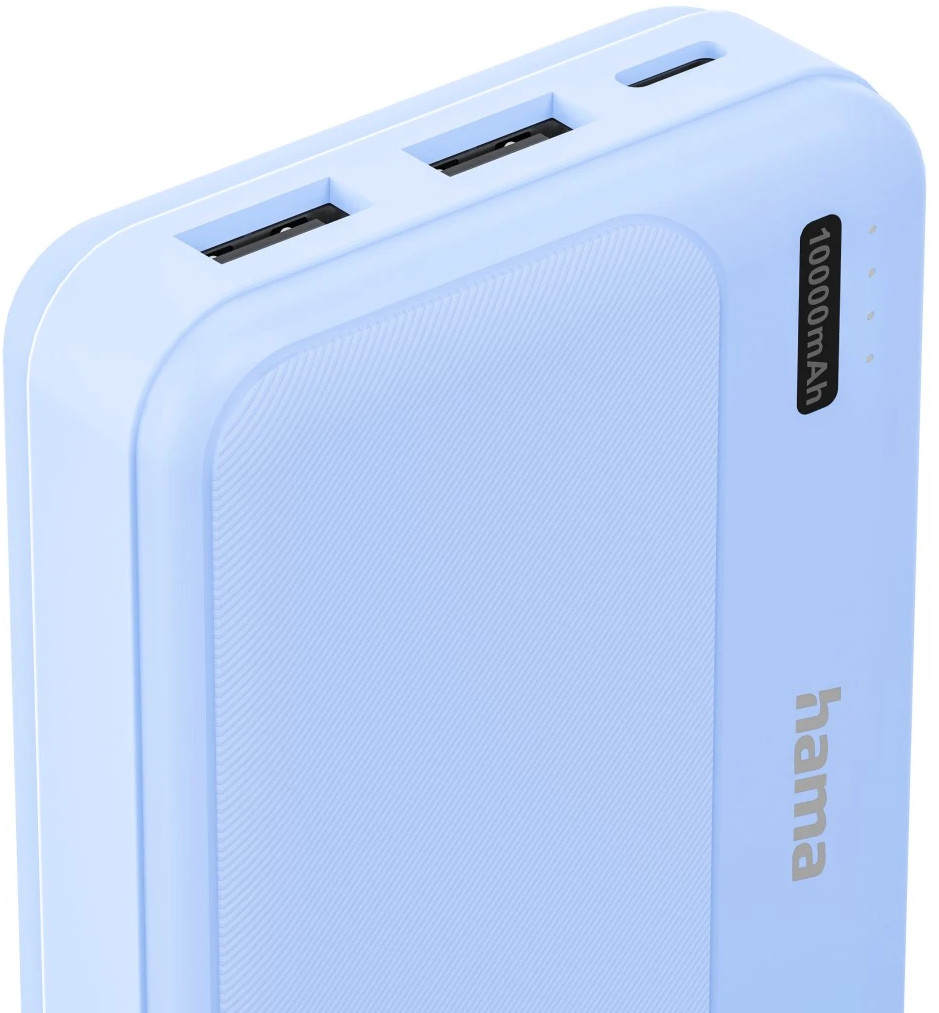 Jasnoniebieski power bank Hama o pojemności 10000mAh, z dwoma portami USB i jednym USB-C.