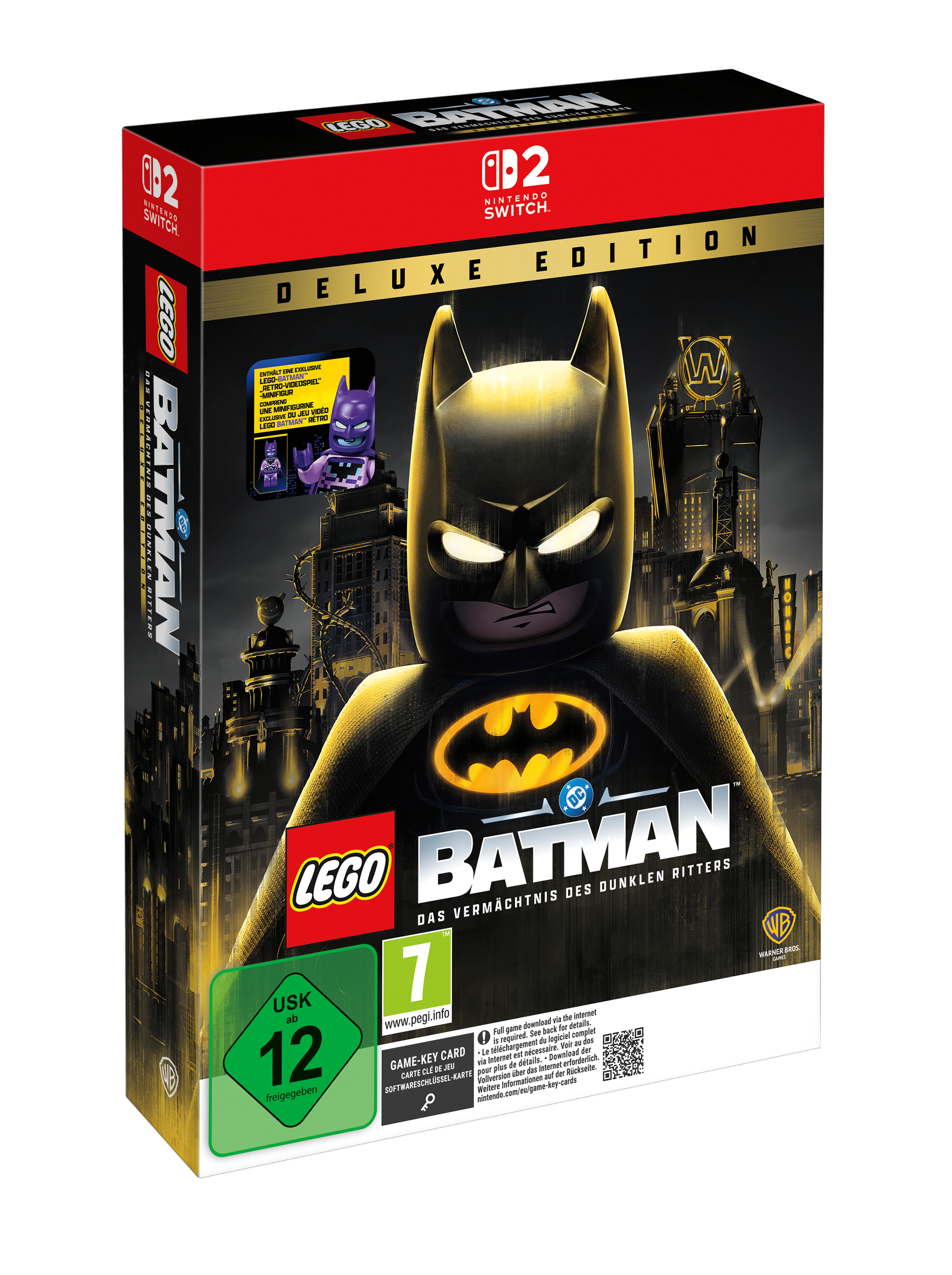 Lego Batman Deluxe Edition Nintendo Switch Spielbox mit Batman und Stadt-Kulisse.
