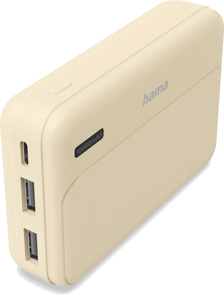 Beżowy power bank Hama z 2 portami USB i pojemnością 10000mAh.