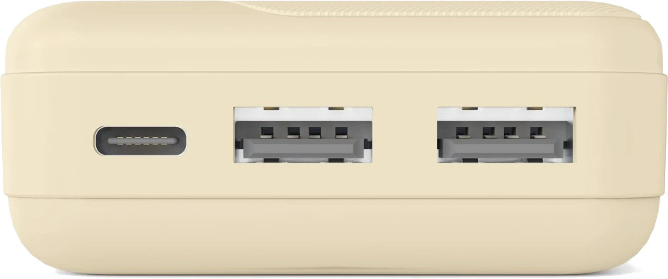 Beżowy power bank z jednym portem USB-C i dwoma portami USB-A.
