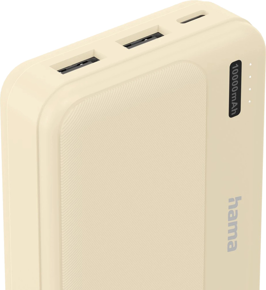 Beżowy power bank z dwoma portami USB i pojemnością 10000mAh.