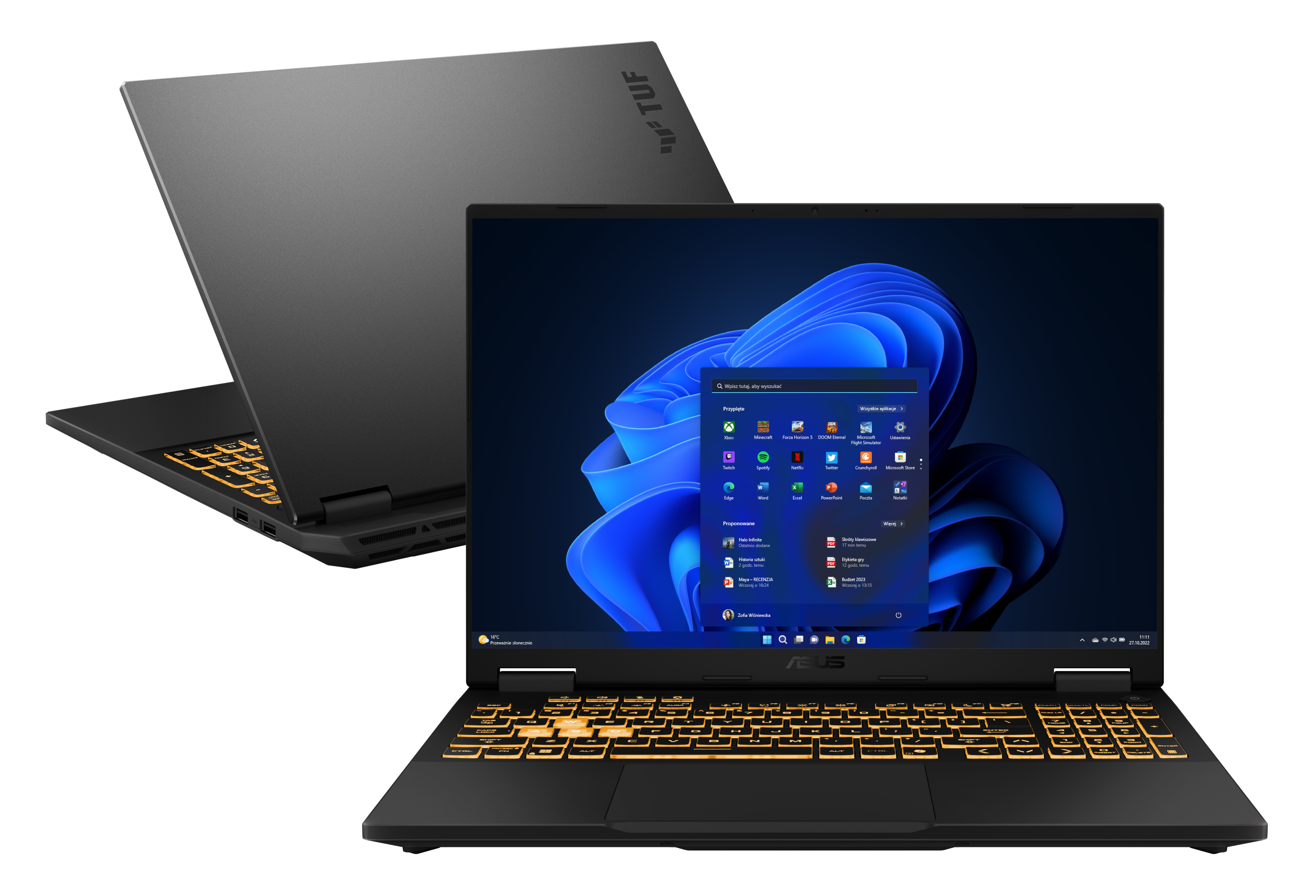 Czarny laptop z podświetlaną klawiaturą i interfejsem Windows 11.
