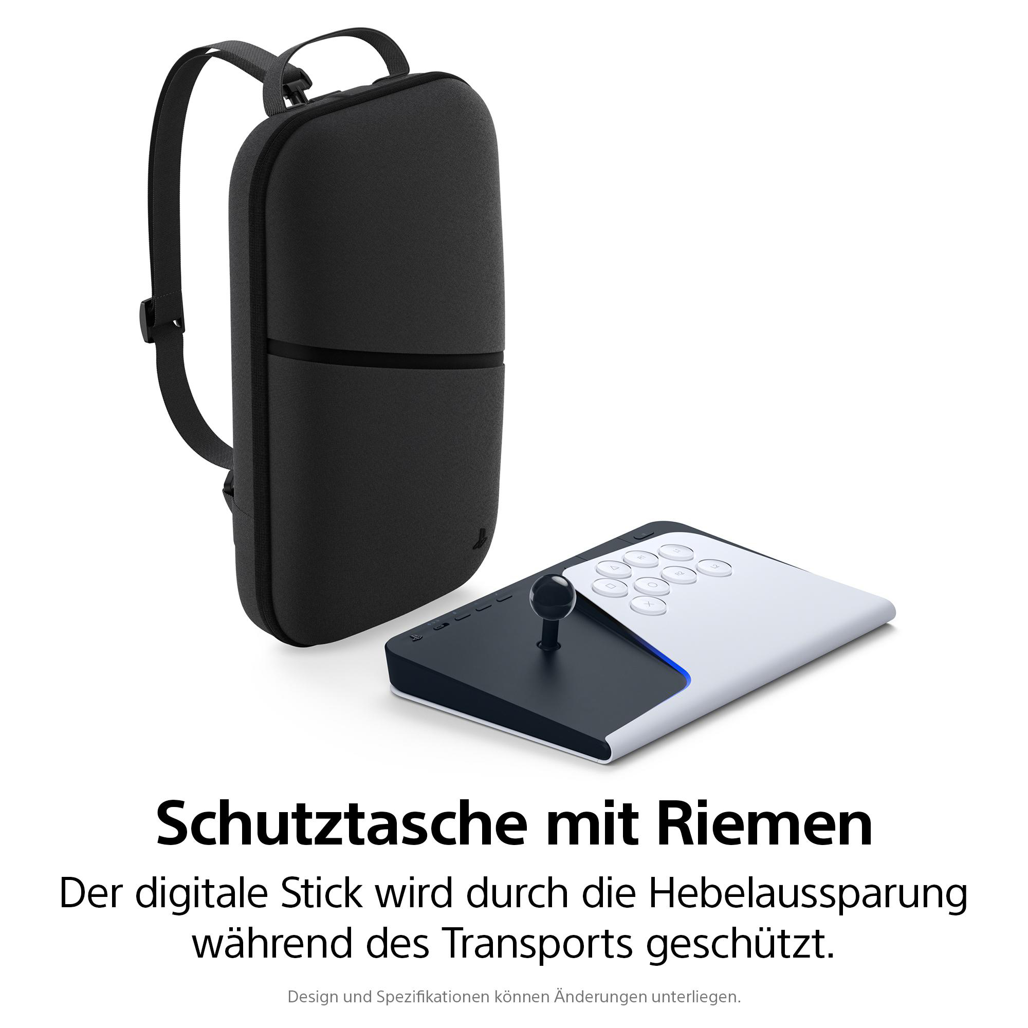 Schwarze Tasche mit Riemen und weiß-schwarzem Controller-Zubehör.