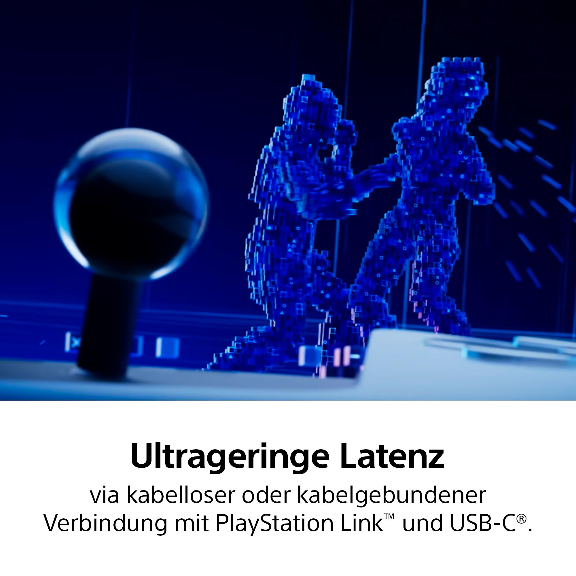 Blaue Pixel-Figuren tanzen vor einem Ball. Hintergrund ist dunkelblau.