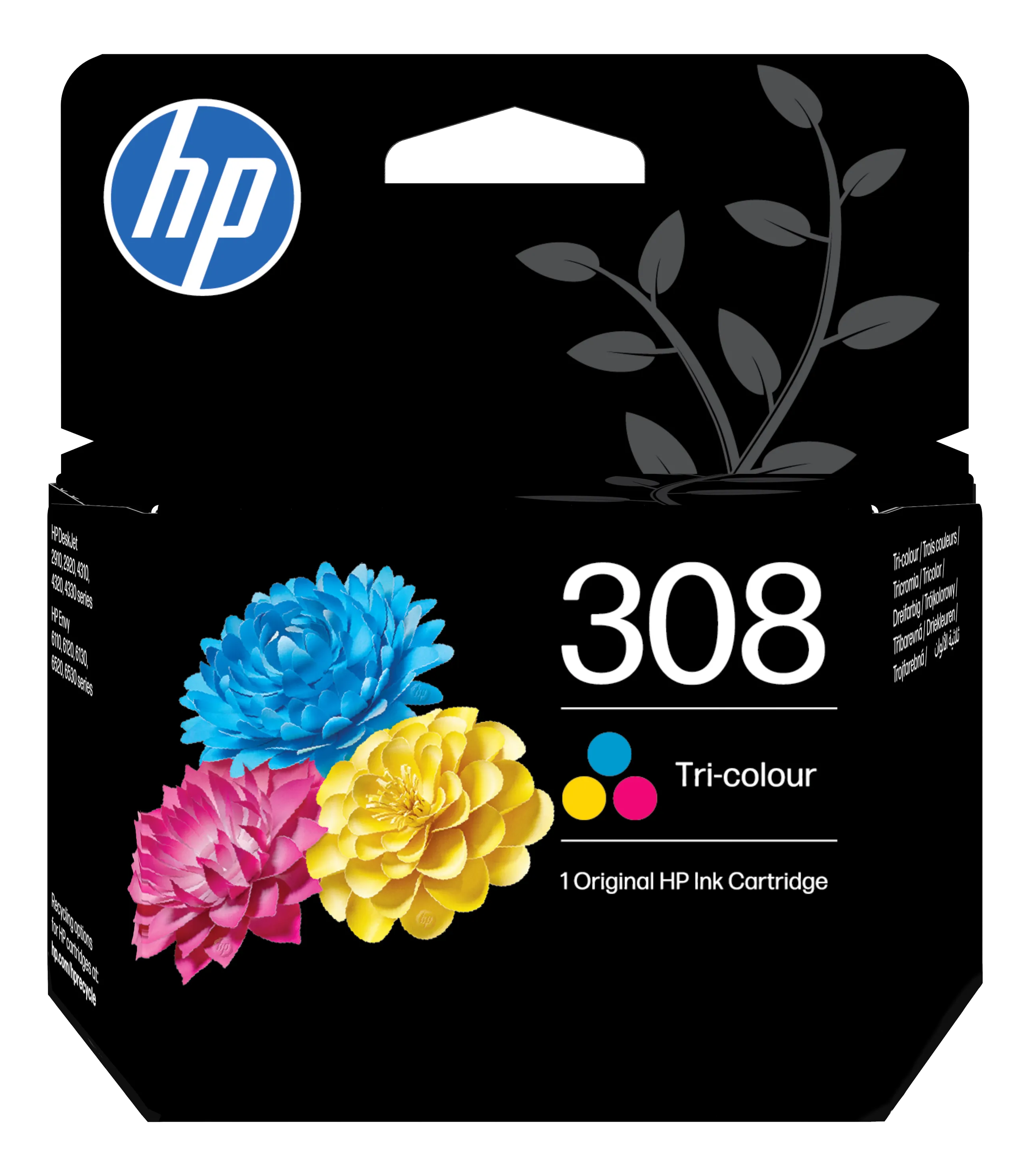 Cartouche d'encre HP 308 Tricolore avec fleurs bleues, roses et jaunes