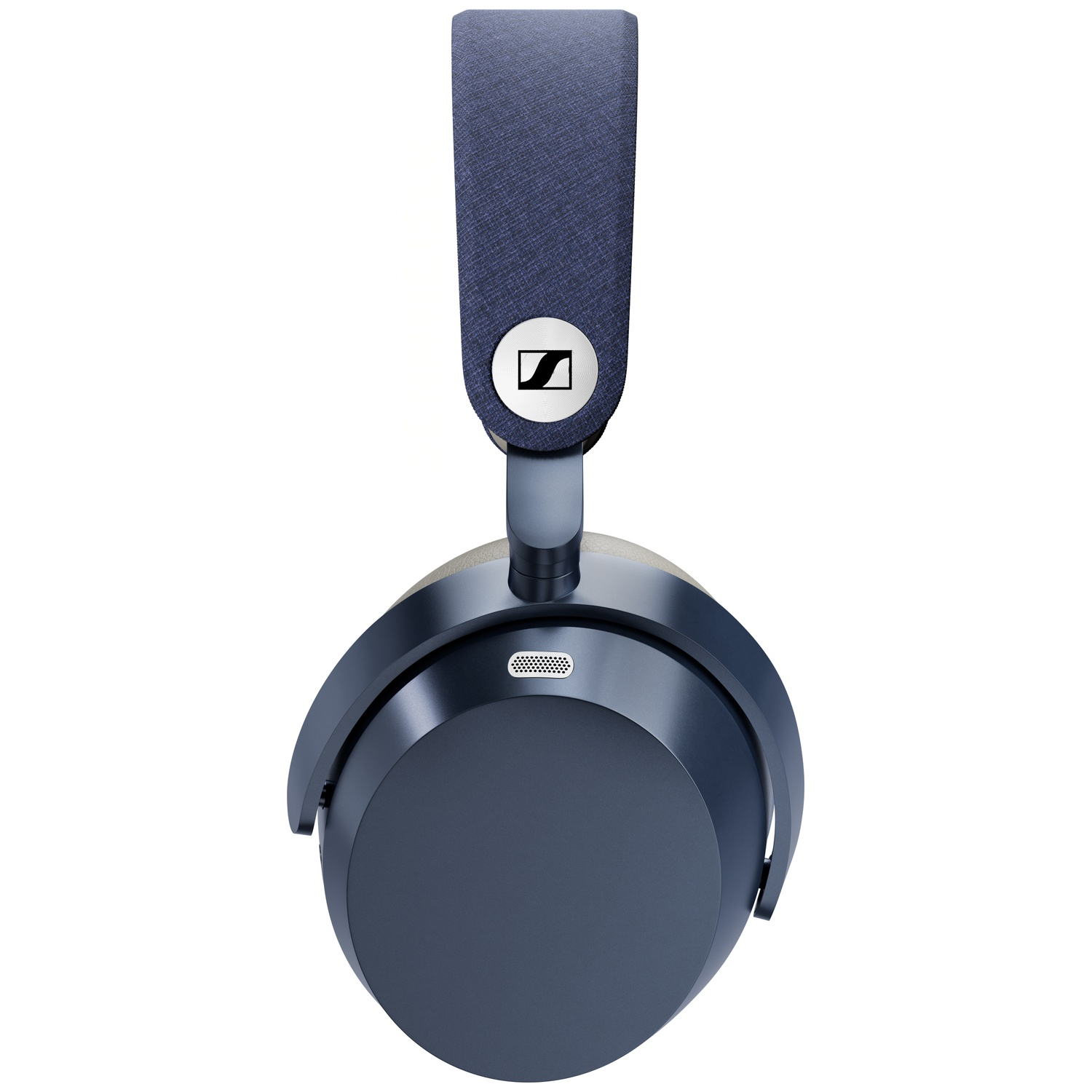 A dark blue headphone, with a visible Sennheiser logo on the headband, is shown from a slightly angled front view.