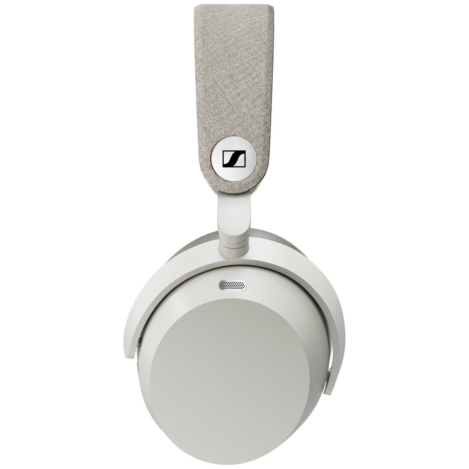 White Sennheiser headphones with a textured beige headband and silver logo.