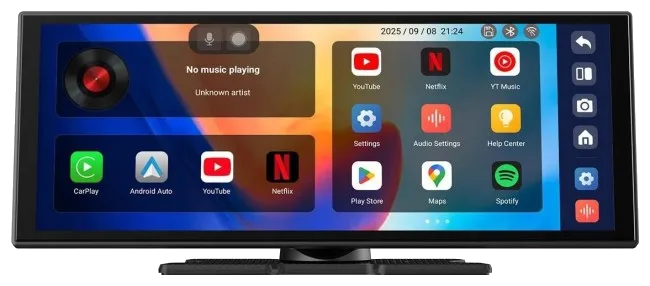 Ekran multimedialny wyświetlający aplikacje takie jak YouTube, Netflix, CarPlay i Mapy.