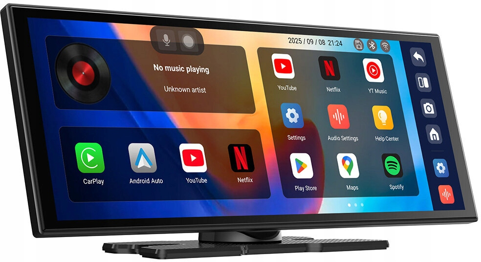 Dotykowy system informacyjno-rozrywkowy wyświetlający ikony aplikacji, takie jak YouTube, Netflix i Spotify.