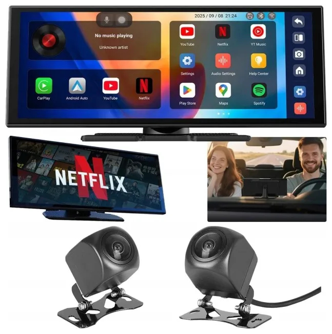 Kolaż pokazuje system infotainment samochodu, ekran Netflix, parę w samochodzie, dwie kamery.