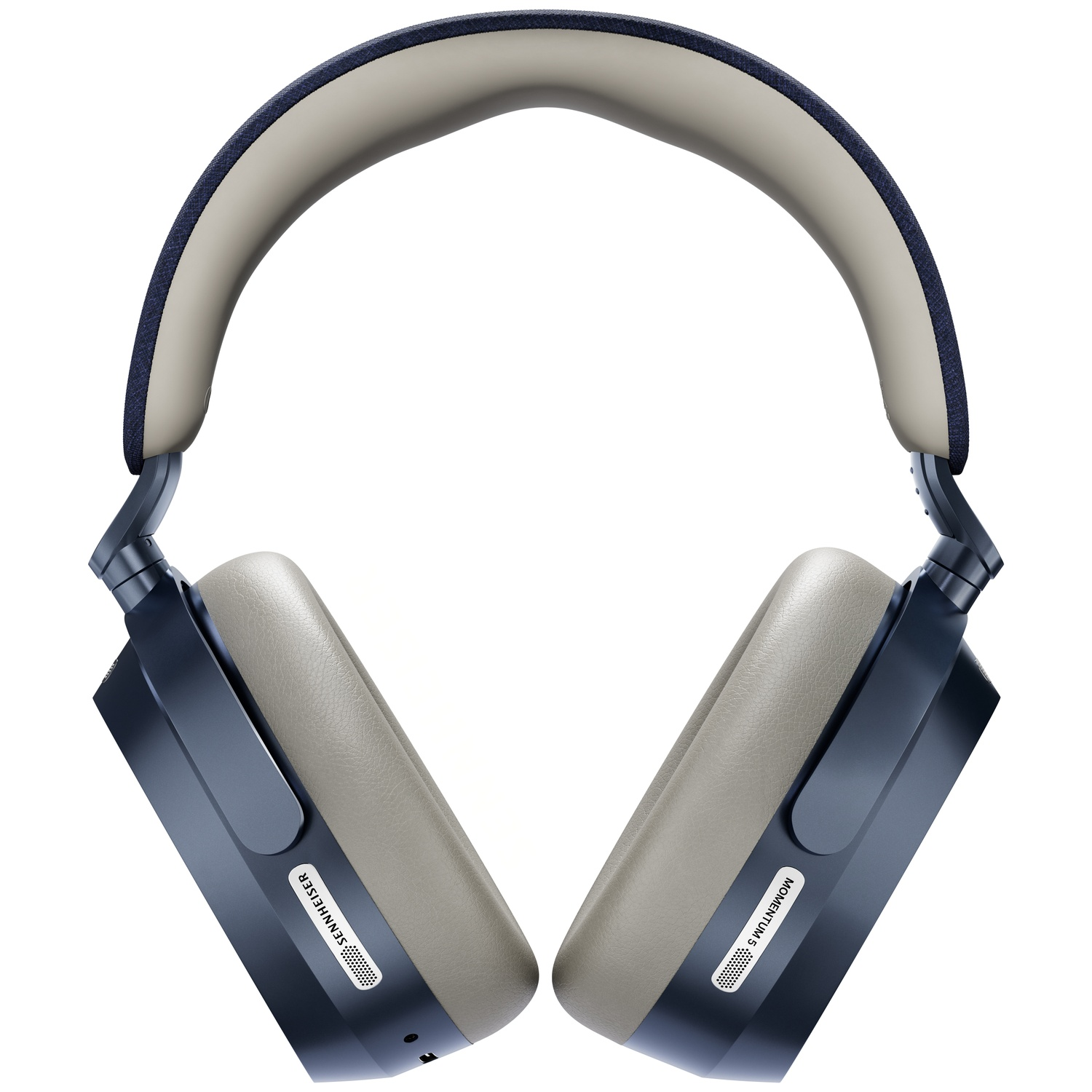 Dark blue Sennheiser Momentum 4 headphones with beige earcups and headband.