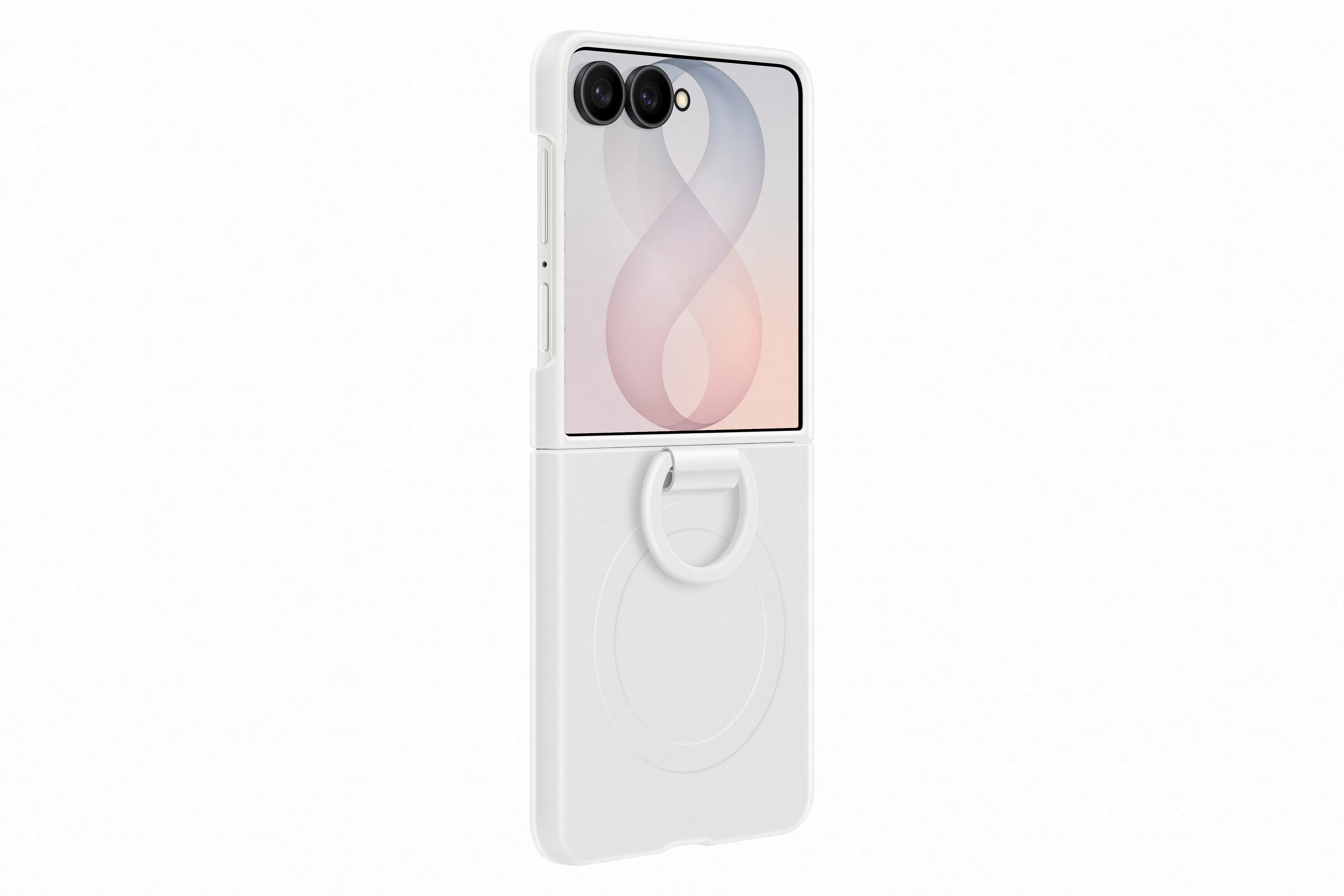 Egy fehér, kagylós telefon két kamerával és gyűrűs tartóval.