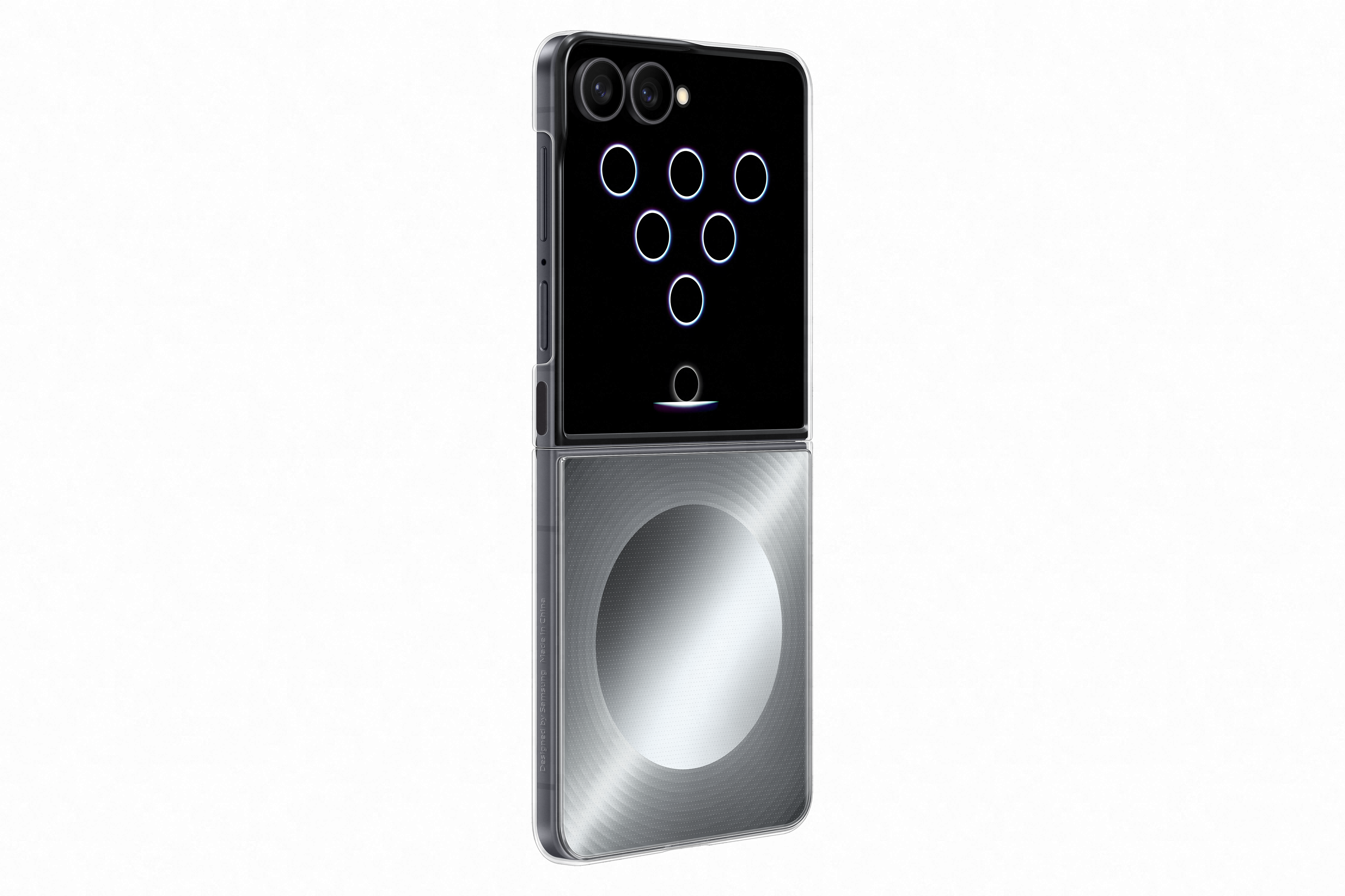 Ein schwarzes Smartphone mit zwei Kameras und leuchtenden Kreisen auf dem oberen Teil.