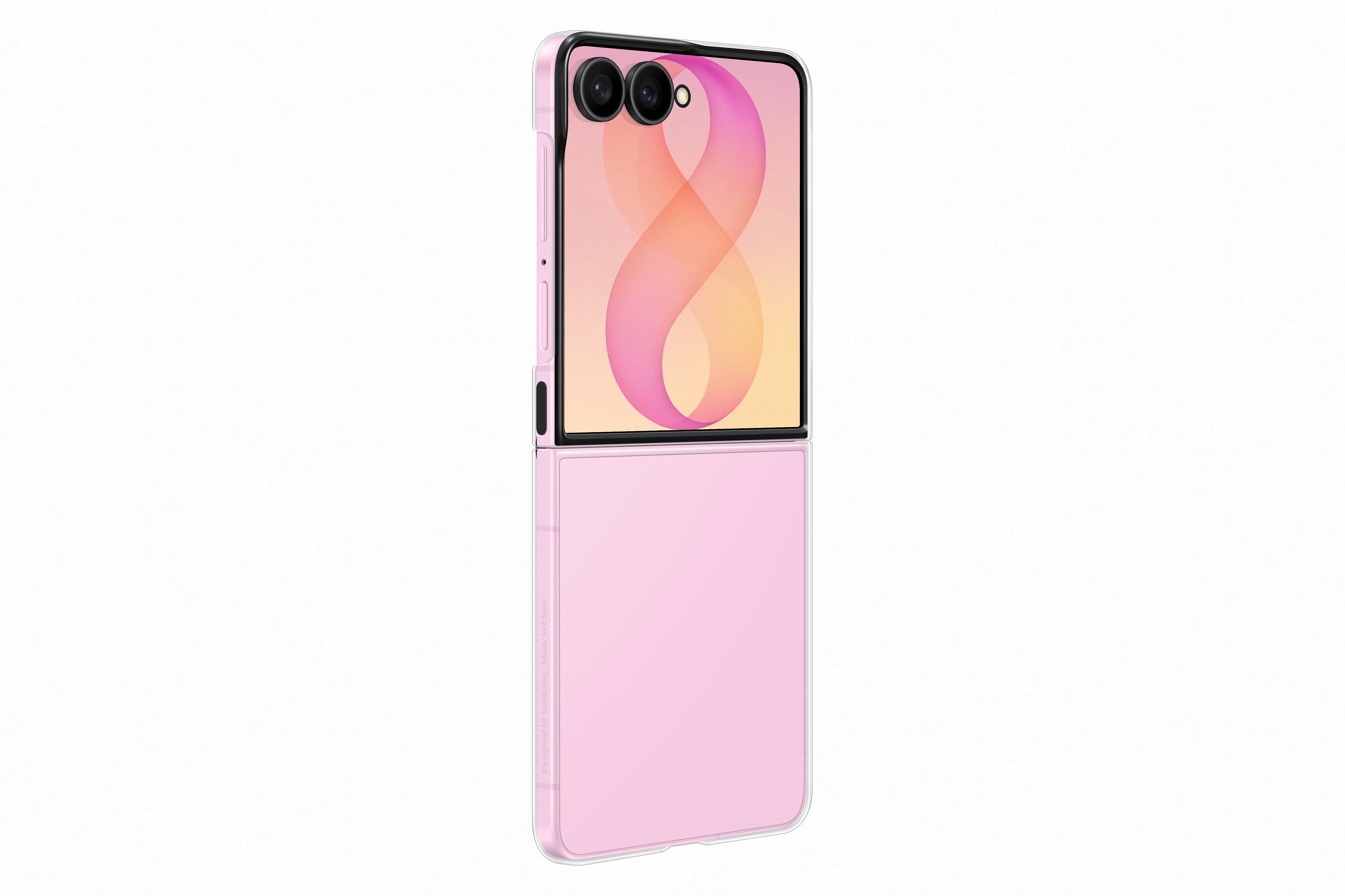 Egy rózsaszín Samsung Galaxy Z Flip telefon, enyhén nyitva, színes absztrakt mintával a képernyőjén, szögből nézve.