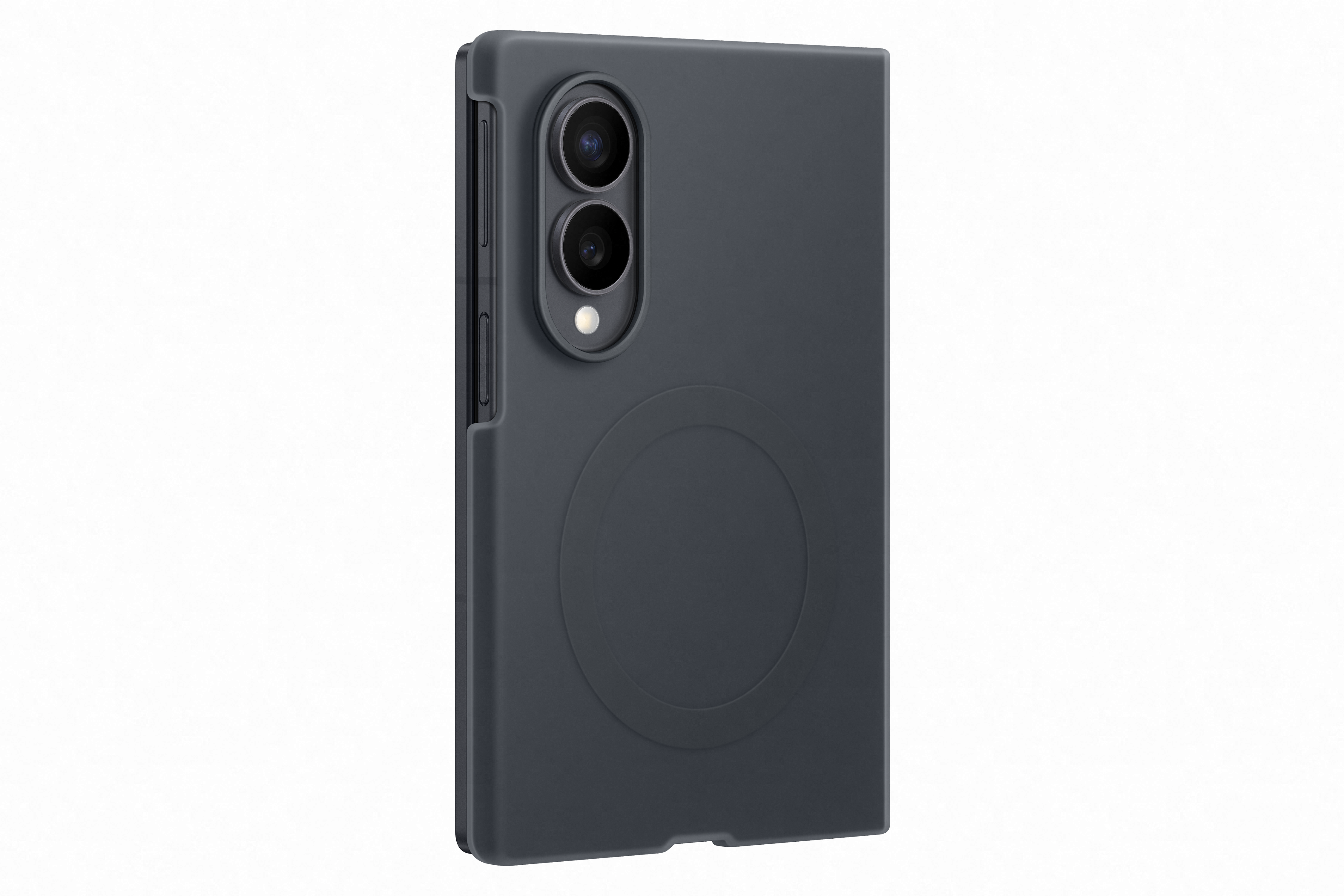 Dunkelgraues Handy mit zwei Kameras und einem kreisförmigen Muster auf der Rückseite.