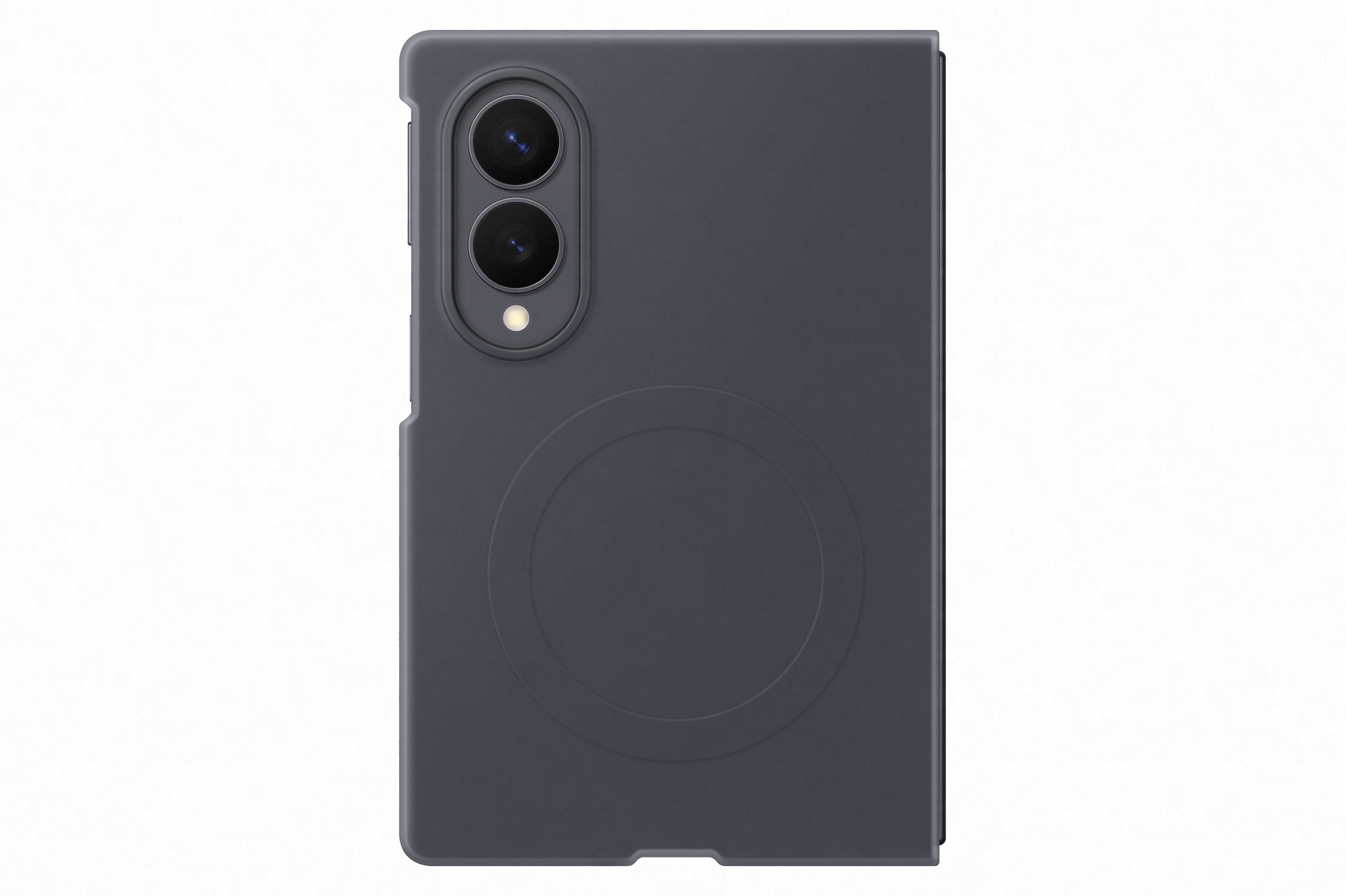 Dunkelgraues Smartphone-Case mit Kameramodul und Kreisprägung.