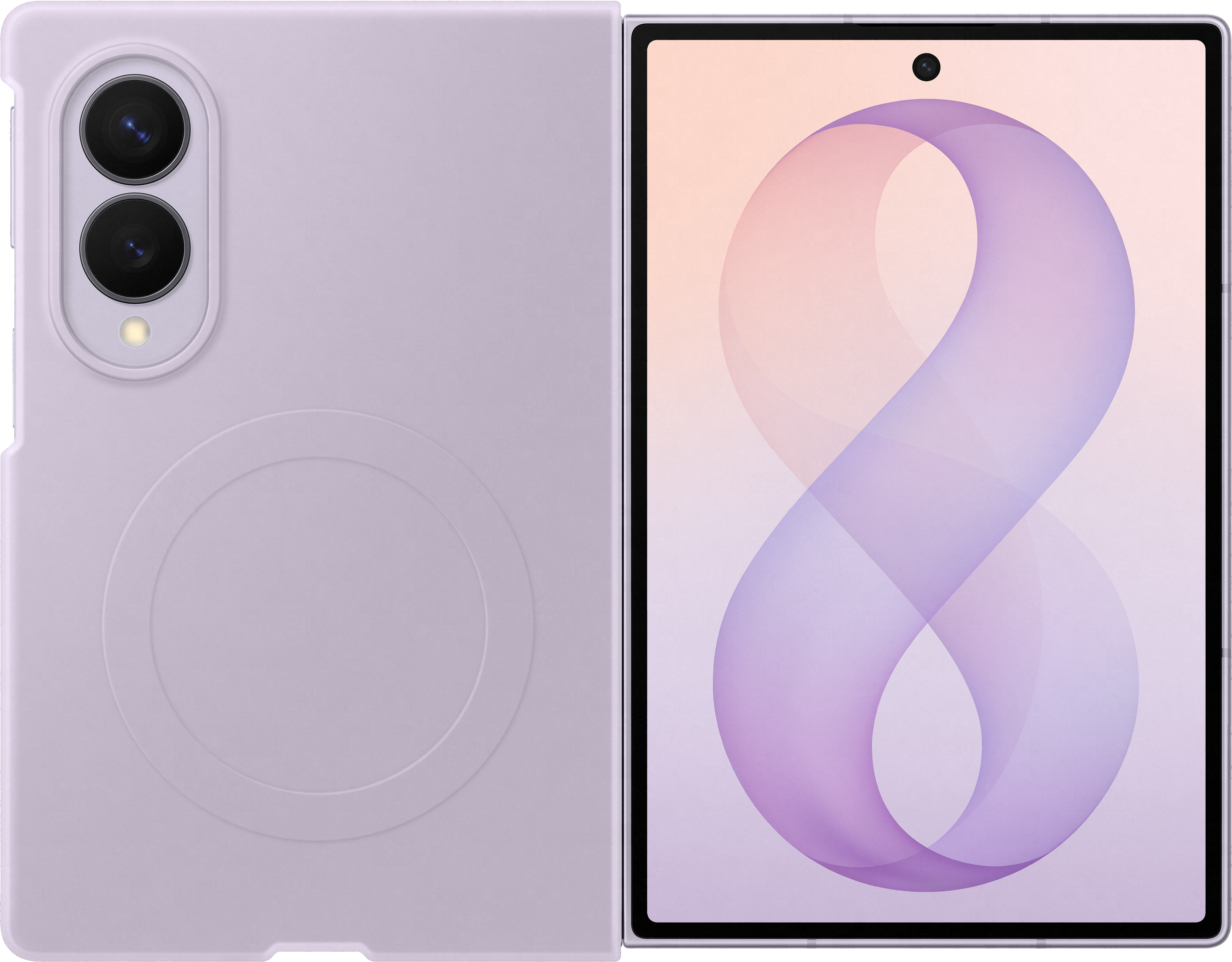 Ein hellviolettes faltbares Telefon, aufgeklappt, mit Dual-Kamera und Blitz auf der Rückseite und einem Bildschirm mit einem violetten und orangefarbenen abstrakten Design.