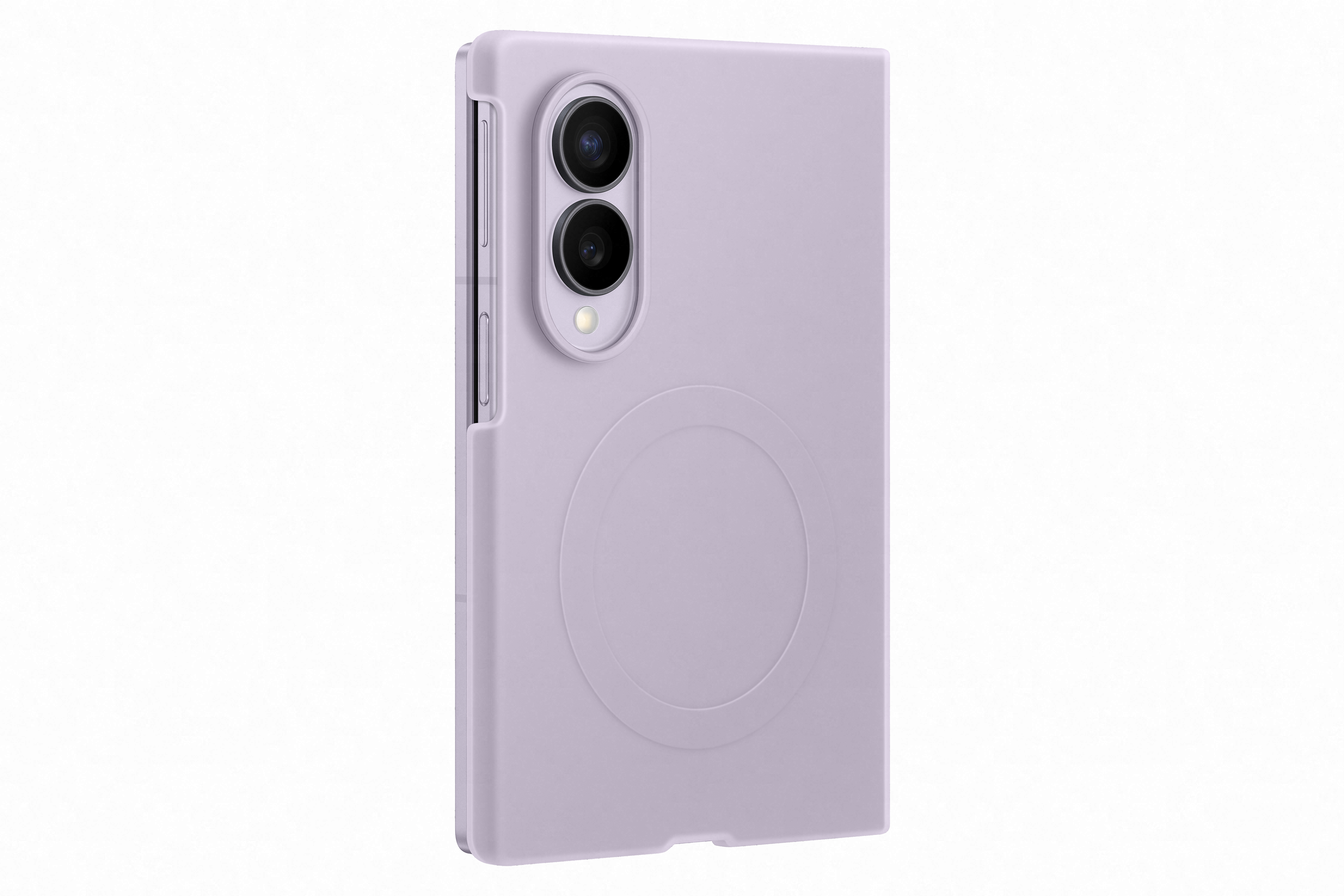 Ein lila Smartphone mit zwei Kameras auf der Rückseite.