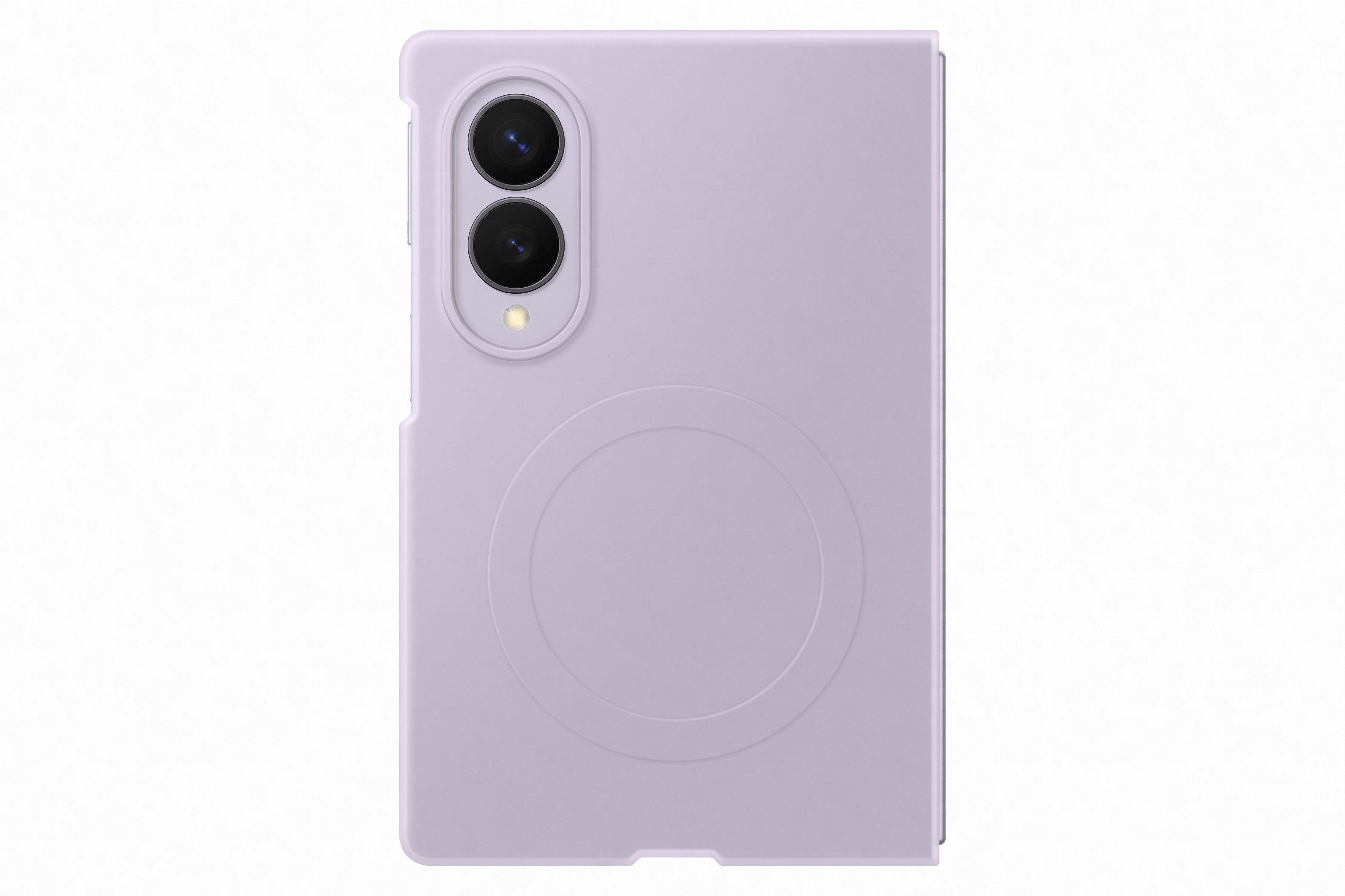 Eine hellviolette Smartphone-Hülle, von hinten gesehen, zeigt zwei Kameralinsen und ein kreisförmiges Designelement.