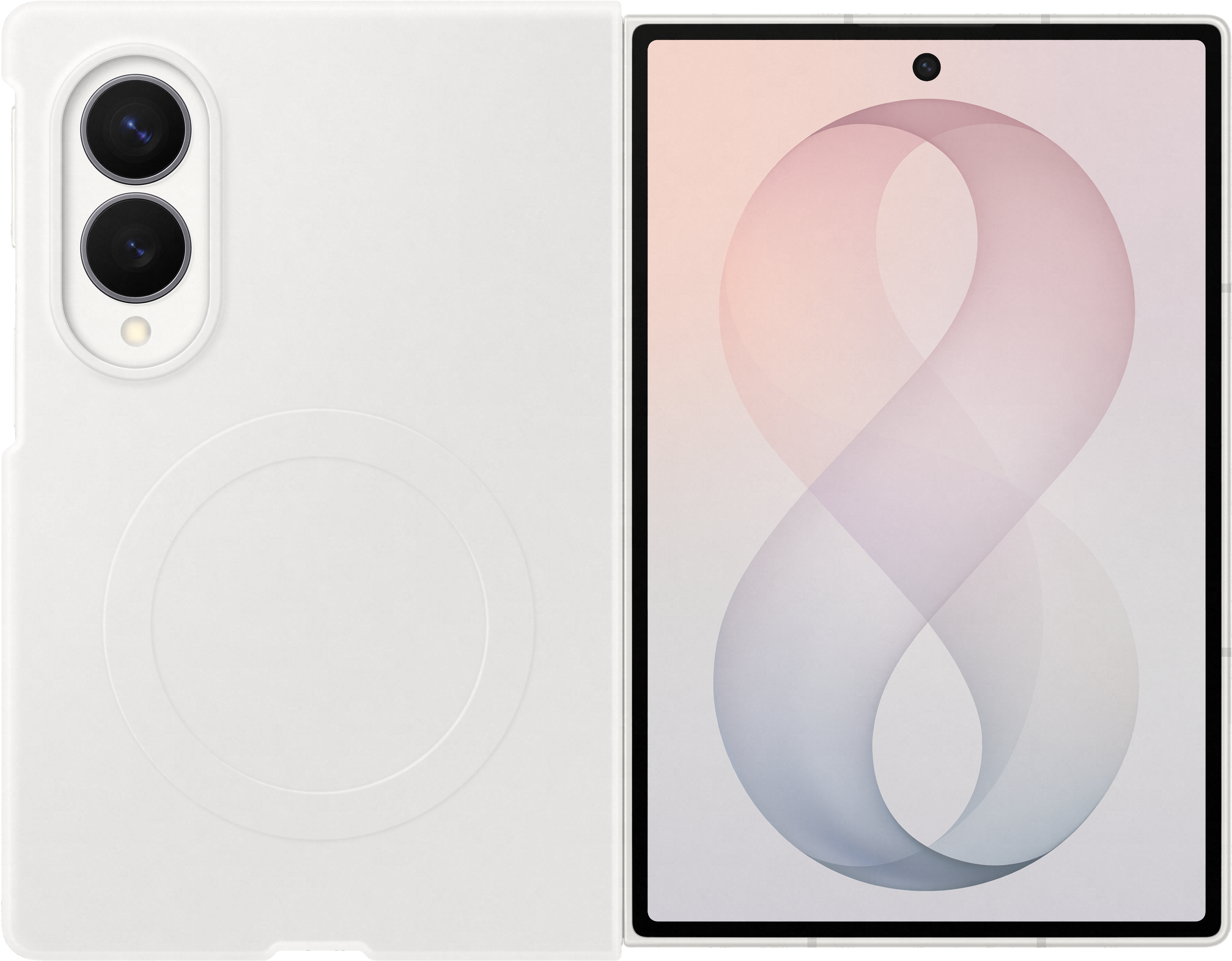 Ein weißes Smartphone mit zwei Kameras auf der Rückseite und einem Bildschirm.