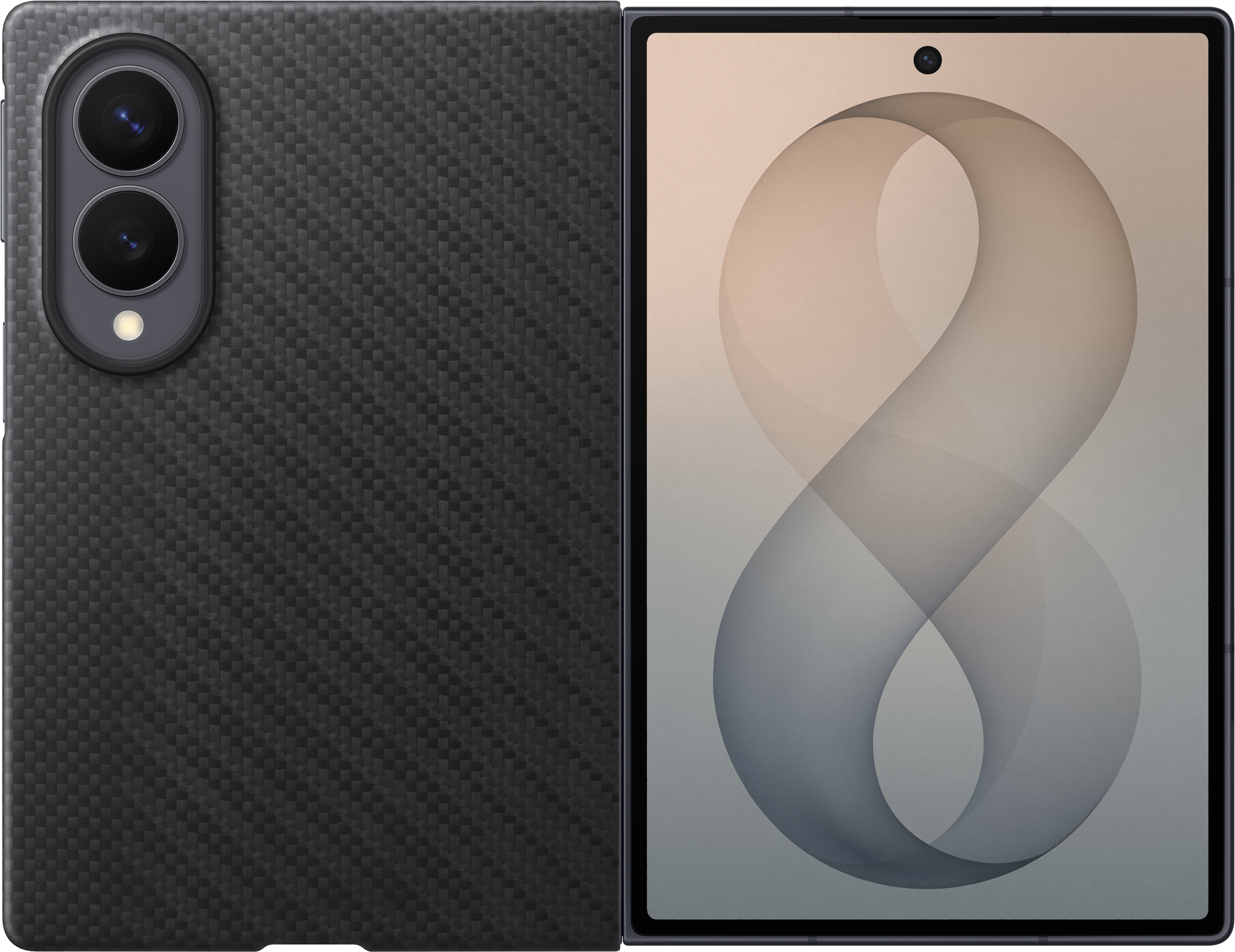 Ein aufgeschlagenes Smartphone mit schwarzer Carbon-Rückseite und geöffnetem Display.