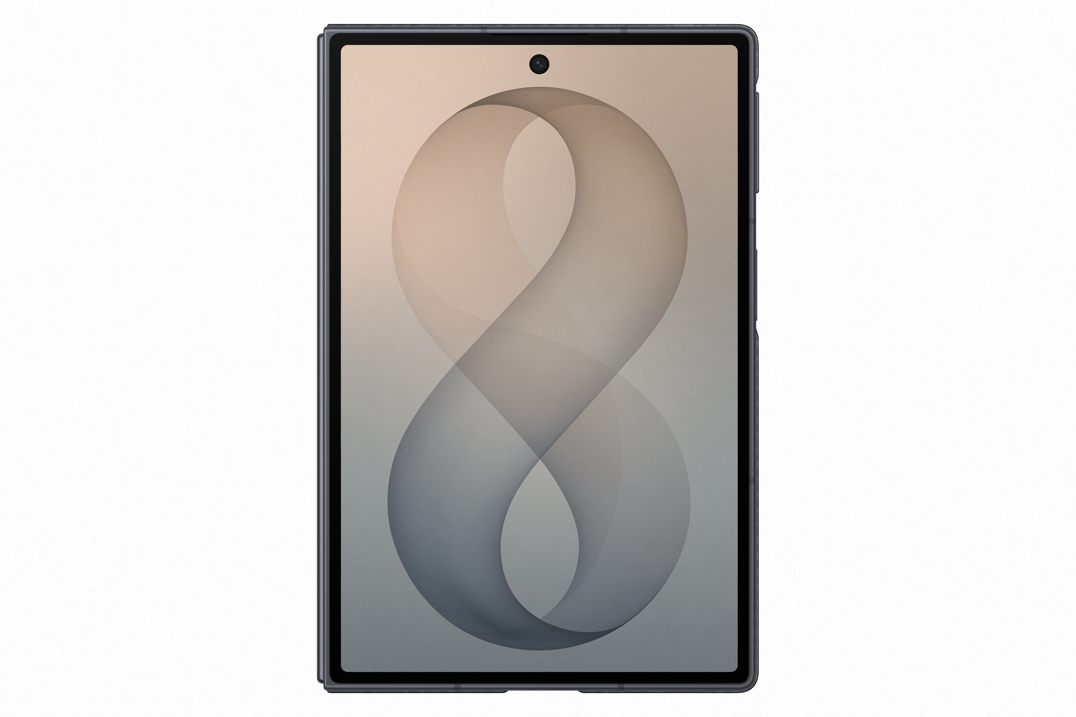 Ein dunkles Tablet mit einem stilisierten "8"-Symbol auf dem Bildschirm.