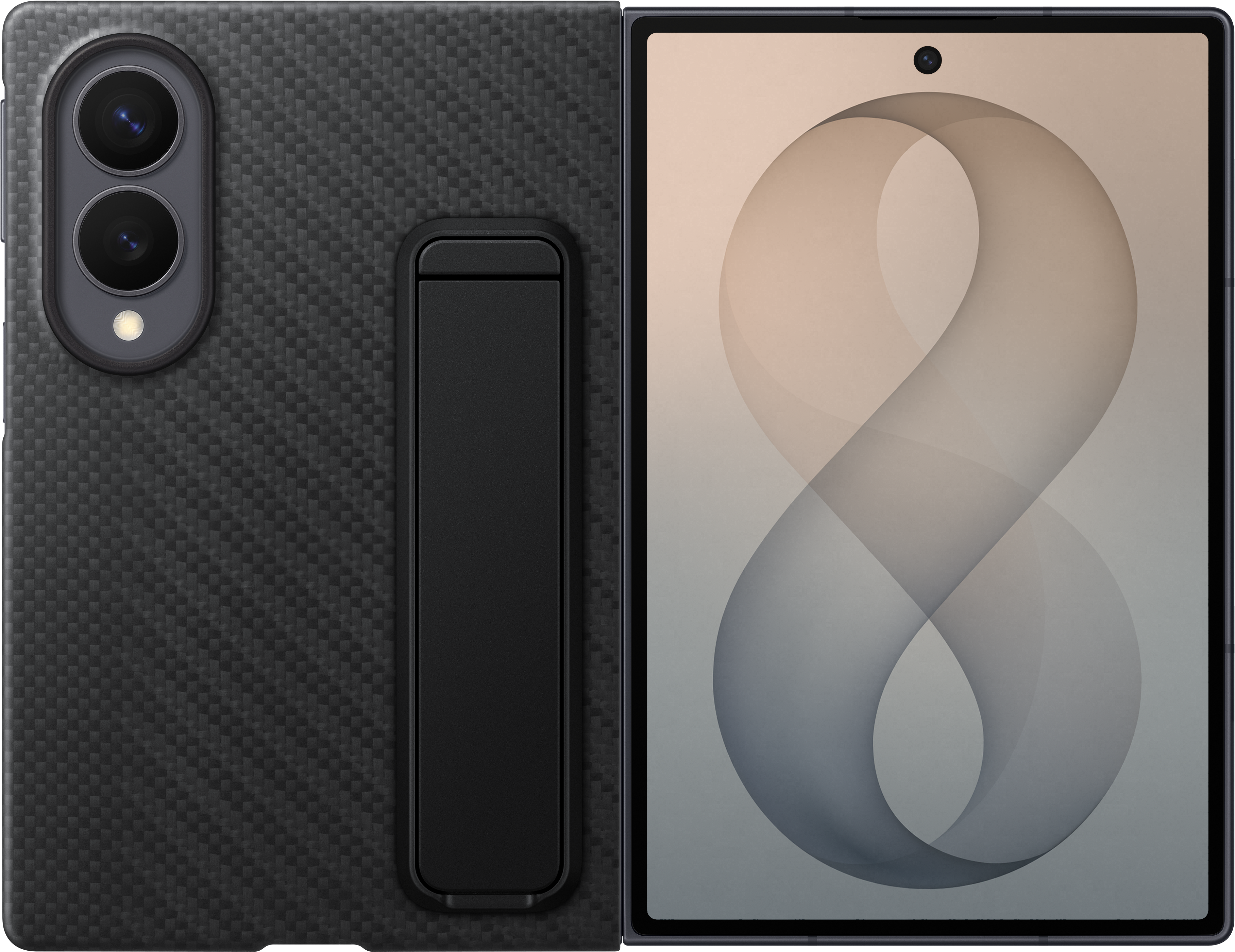 Schwarzes Handy mit Carbonmuster-Rückseite, Ständer und geöffnetem Bildschirm.