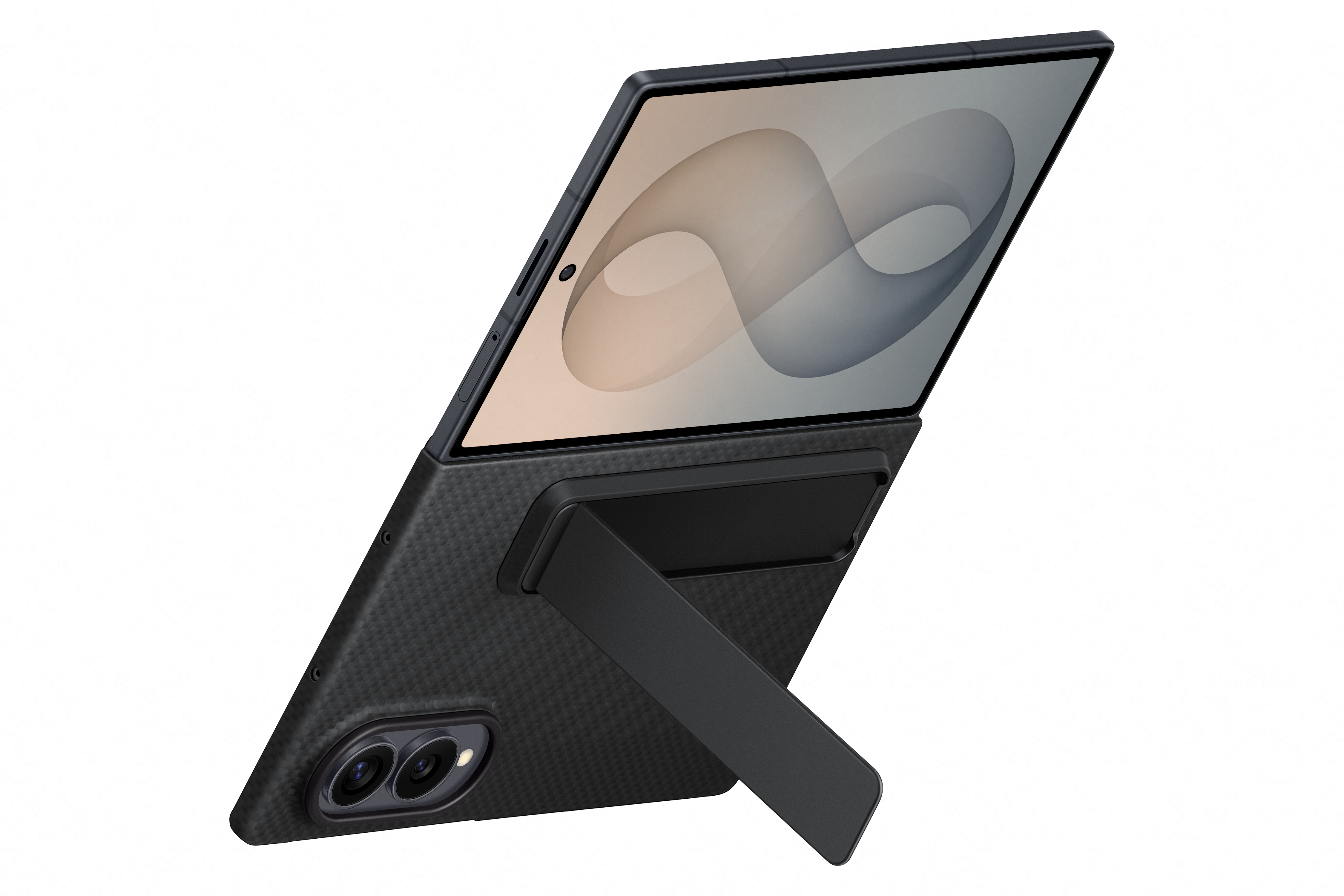 Schwarzes Smartphone mit Carbon-Hülle und Ständer. Zwei Kameras sind sichtbar.