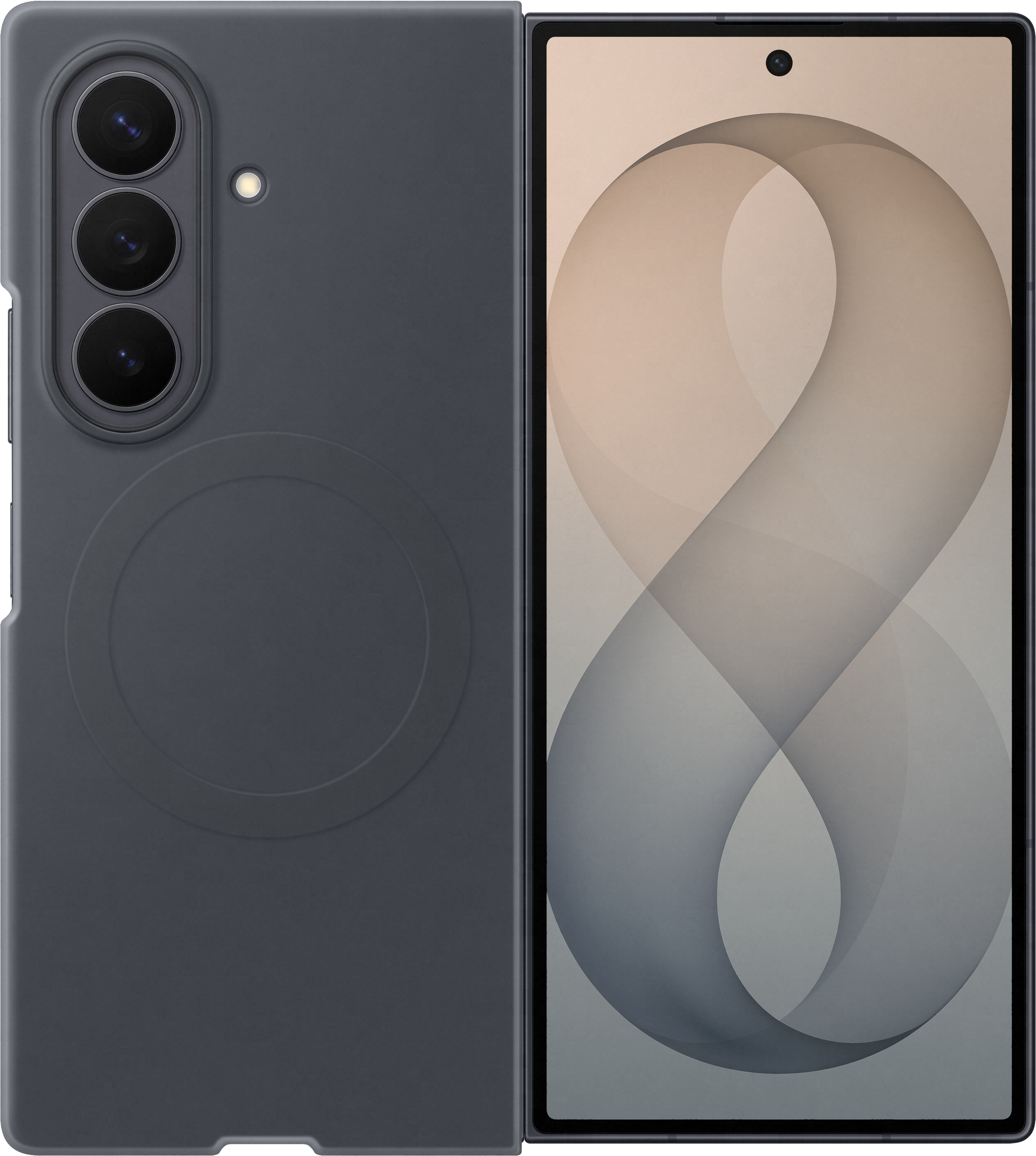 Ein dunkles graues Handy mit drei Kameras und einem blitz. Aufgeklappt mit hellem Hintergrund.