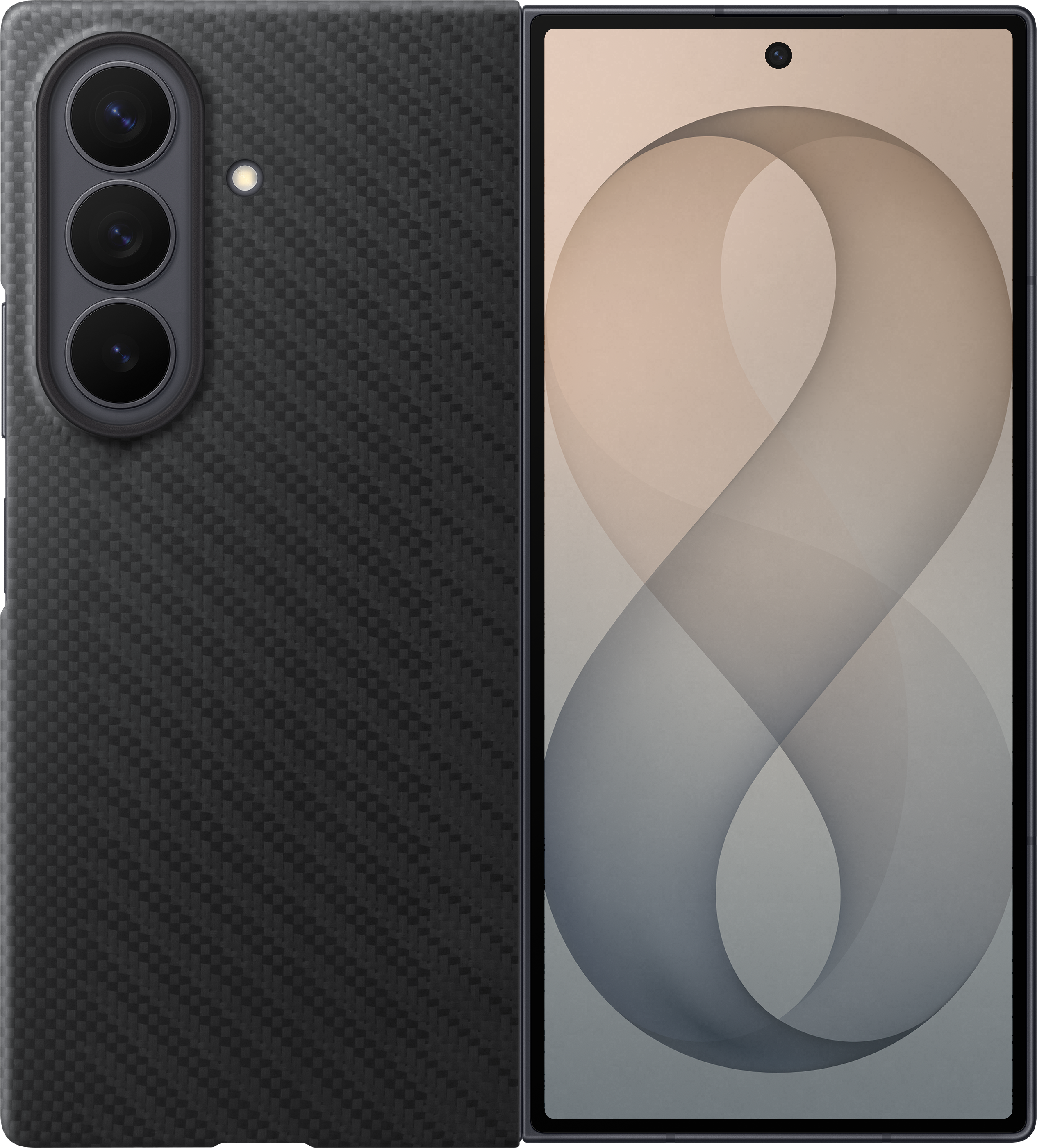 Ein faltbares Smartphone mit schwarzem Carbon-Muster-Gehäuse und drei Kameras.