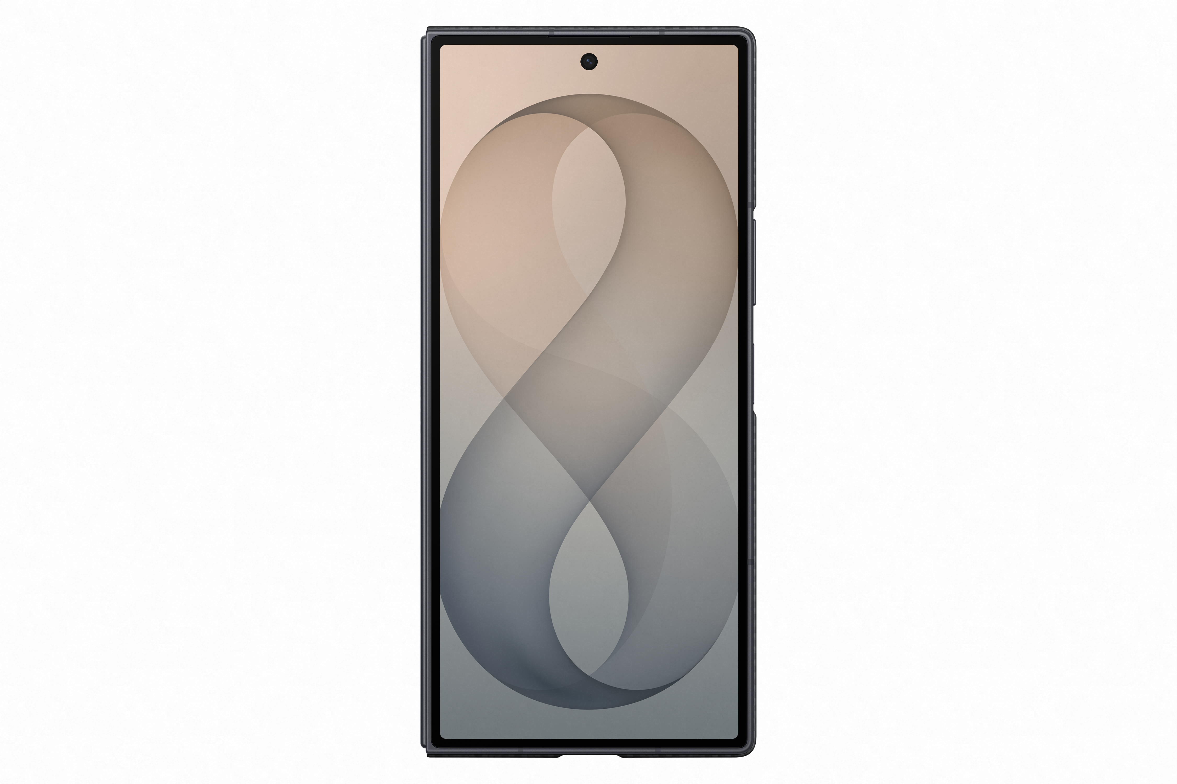 Ein dunkles Smartphone mit einem abstrakten, geschwungenen Hintergrund auf dem Bildschirm.