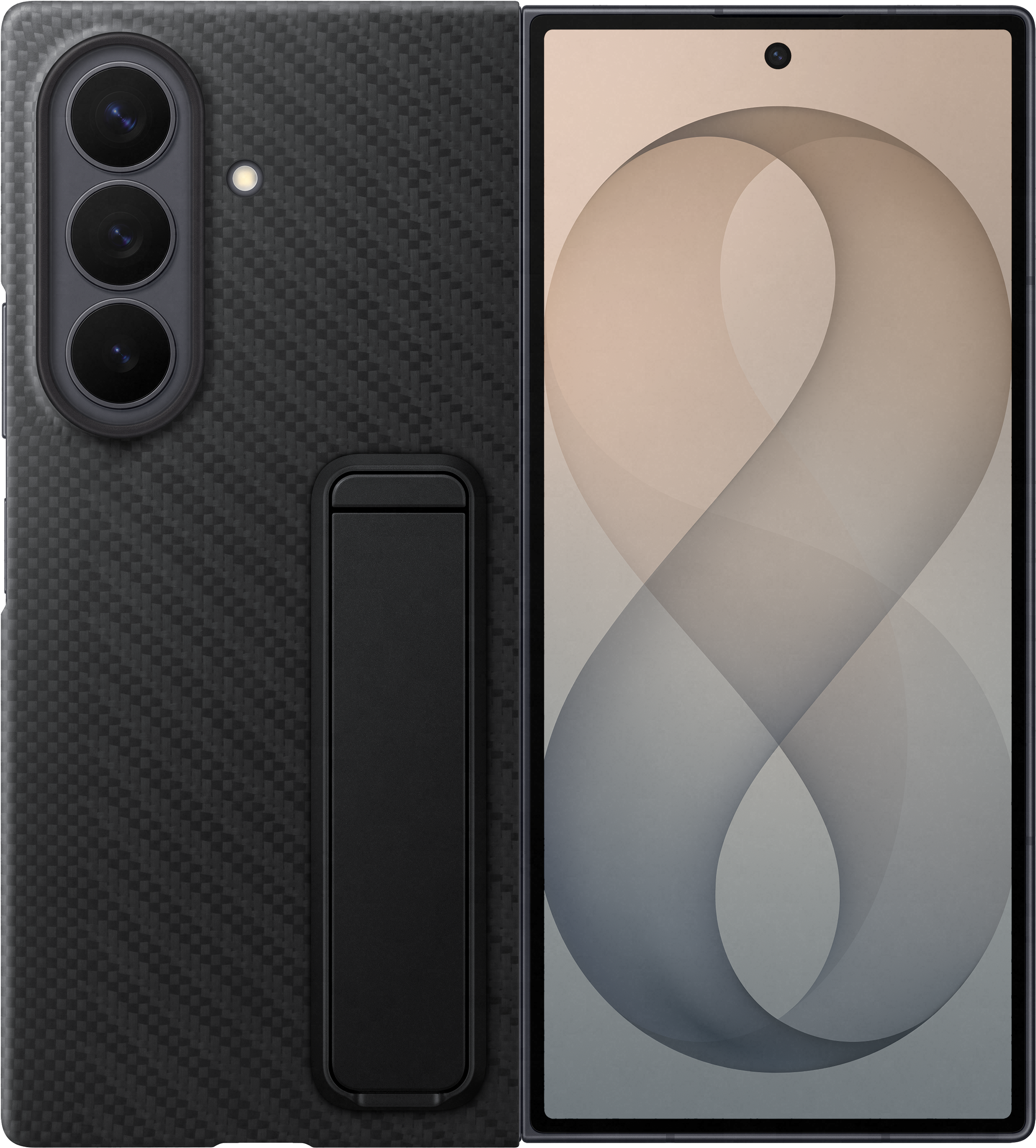 Ein schwarzes Handy mit Carbon-Muster-Hülle und Ständer, offen mit einem abstrakten Hintergrund.