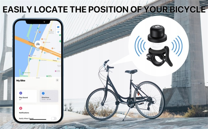 Mapa na telefonie pokazuje lokalizację roweru obok roweru. Okrągły wstawka pokazuje lokalizator dzwonka rowerowego.