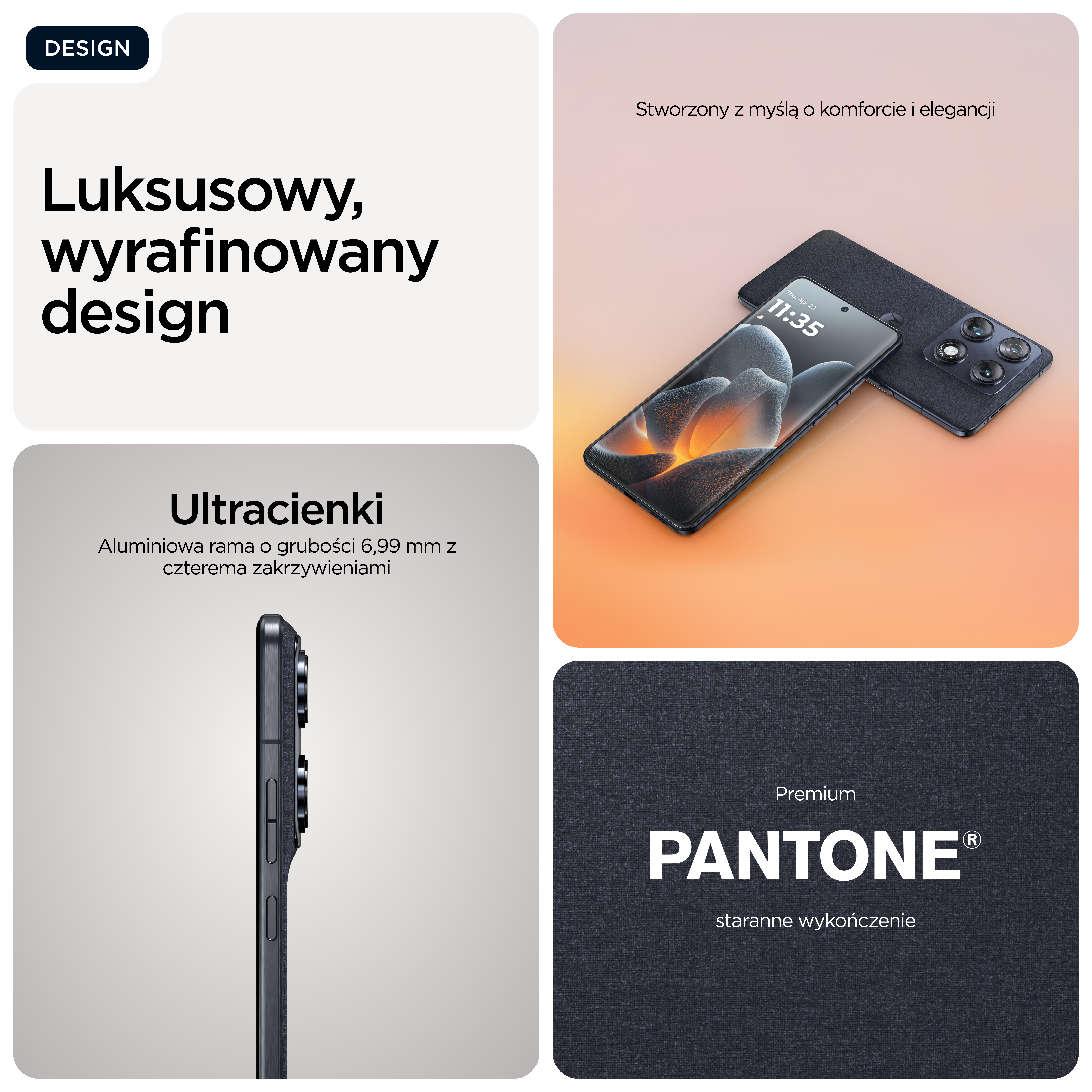 Elegancki smartfon z marką PANTONE, emanujący luksusem i elegancją.