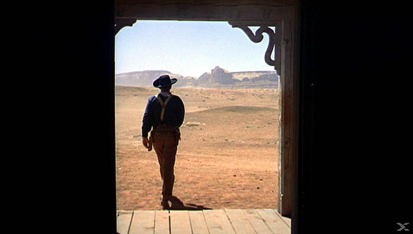 Ein Mann im Cowboyhut steht in einer Tür und blickt auf eine trockene Wüstenlandschaft.