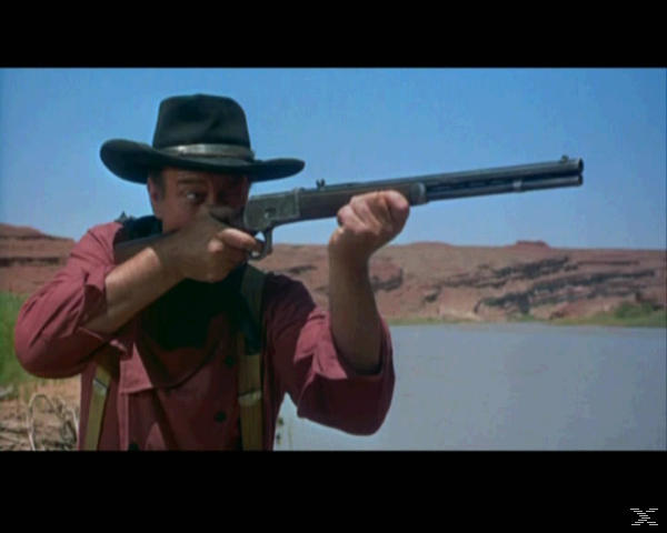 Ein Mann im Cowboyhut zielt mit einem Gewehr auf dem Land.