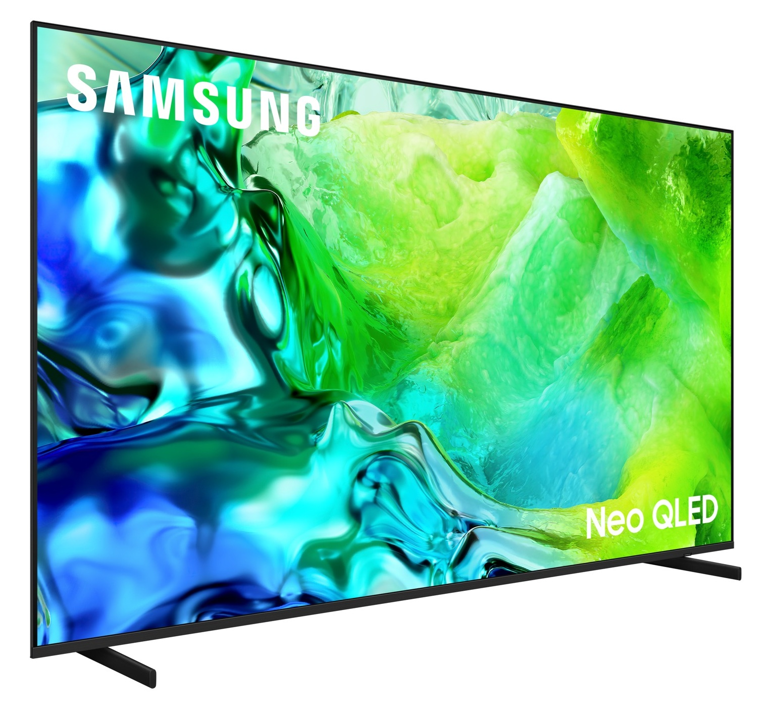 Telewizor Samsung Neo QLED wyświetlający żywy zielony i niebieski obraz abstrakcyjny.