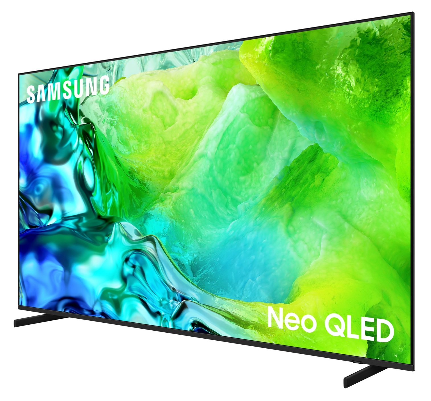 Telewizor Samsung Neo QLED wyświetla na ekranie abstrakcyjny zielono-niebieski obraz.