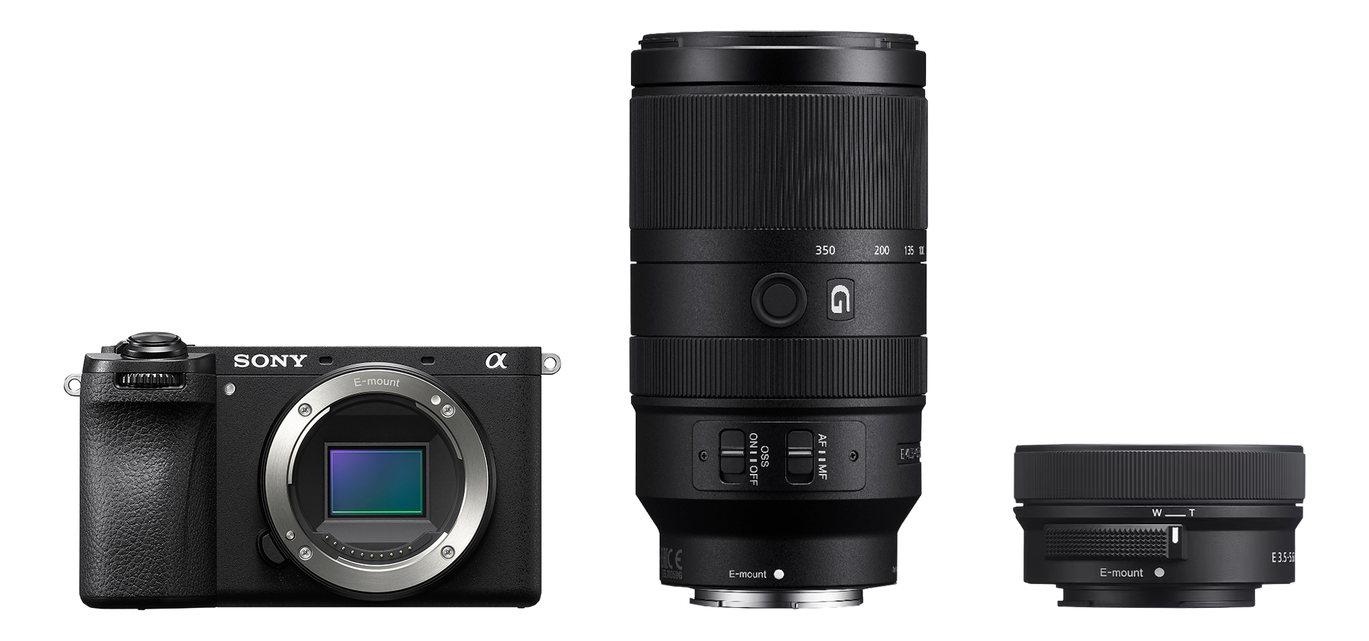 Appareil photo Sony, un téléobjectif et un petit objectif sur fond noir.
