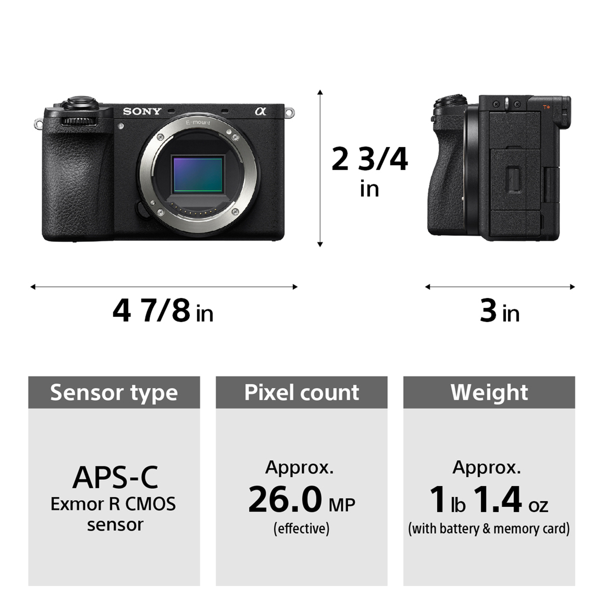 Appareil photo Sony noir, 12,4 x 6,9 x 7,6 cm. Capteur APS-C, 26MP.