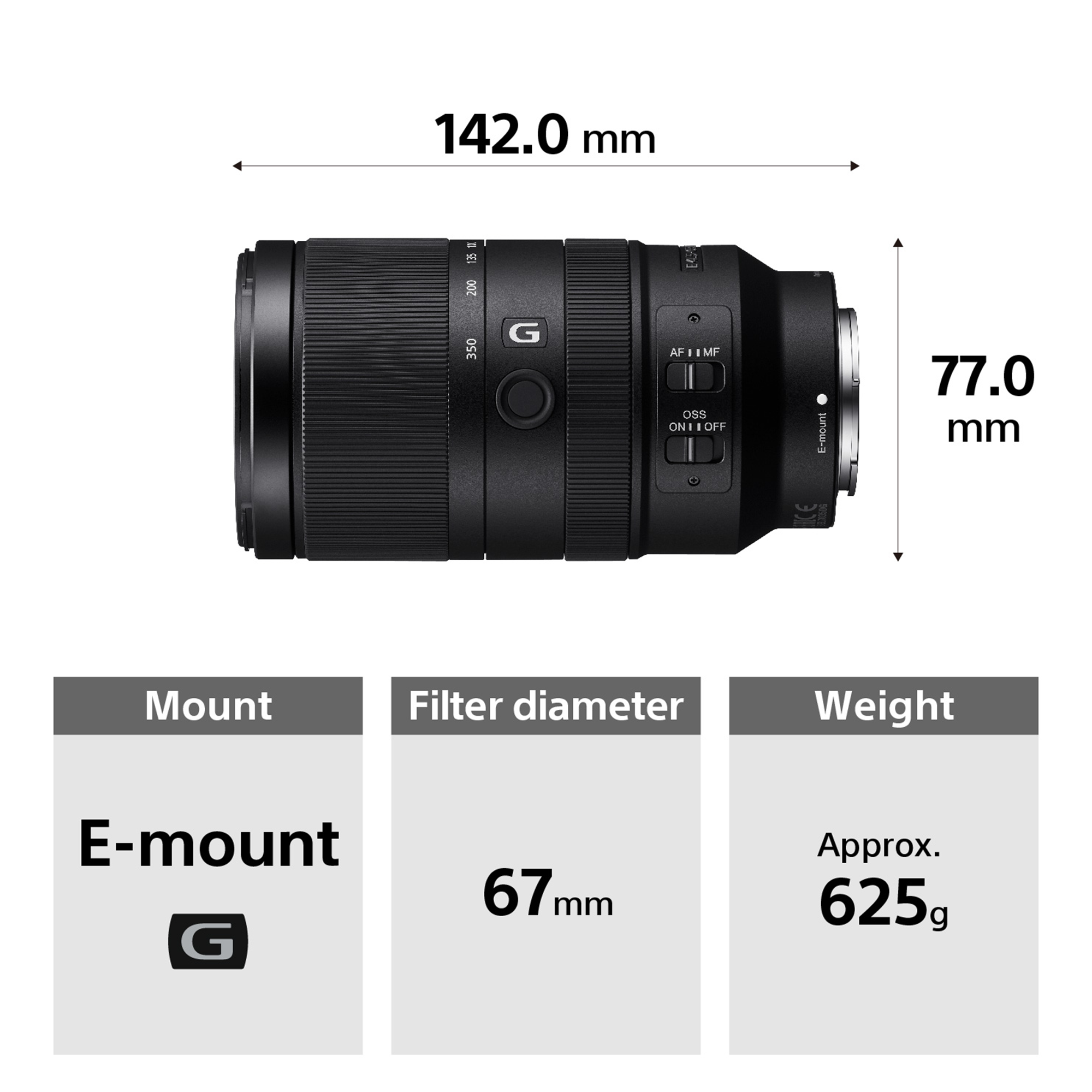 Gros plan d'un objectif d'appareil photo noir avec bagues zoom et mise au point. Dim: 142 mm L, 77 mm l. Diamètre filtre 67 mm, poids 625 g.
