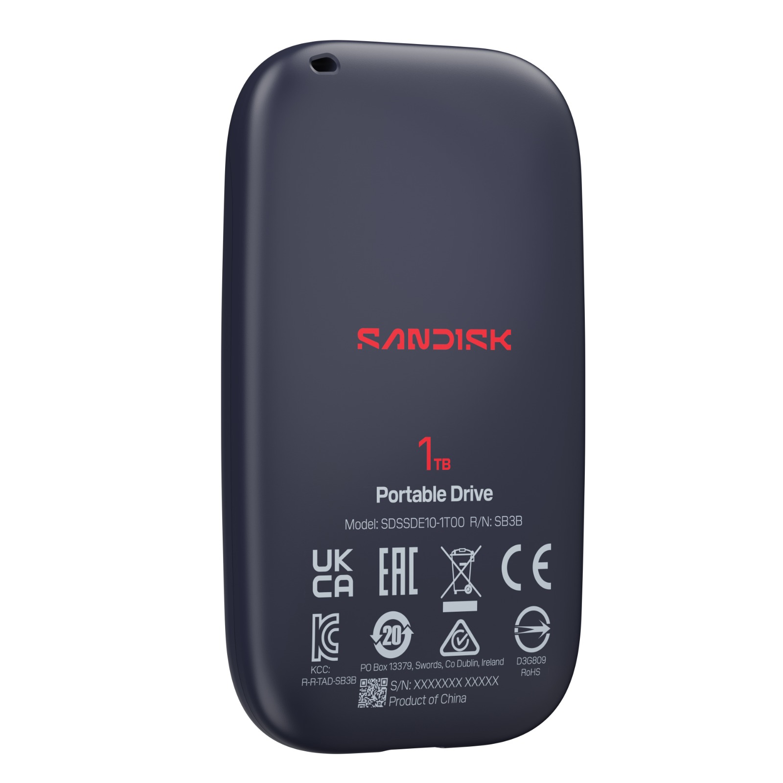Mavi SanDisk 1TB taşınabilir SSD, mühürler ve model bilgileri içerir.