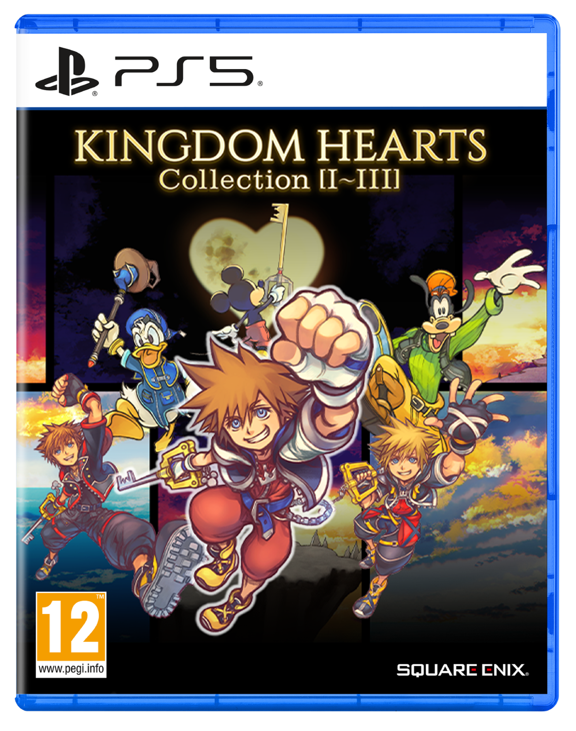 Portada del juego Kingdom Hearts Collection II-III PS5 con Sora, Mickey, Donald, Goofy.