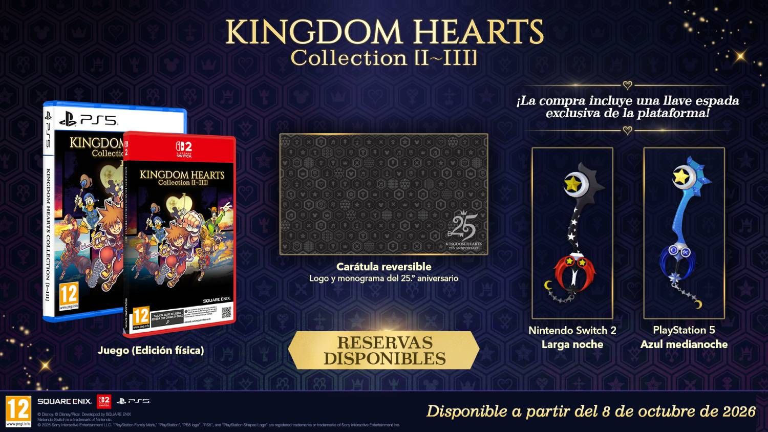 Anuncio de Kingdom Hearts Collection II-III para PS5 y Switch, con juegos y llaves espada.