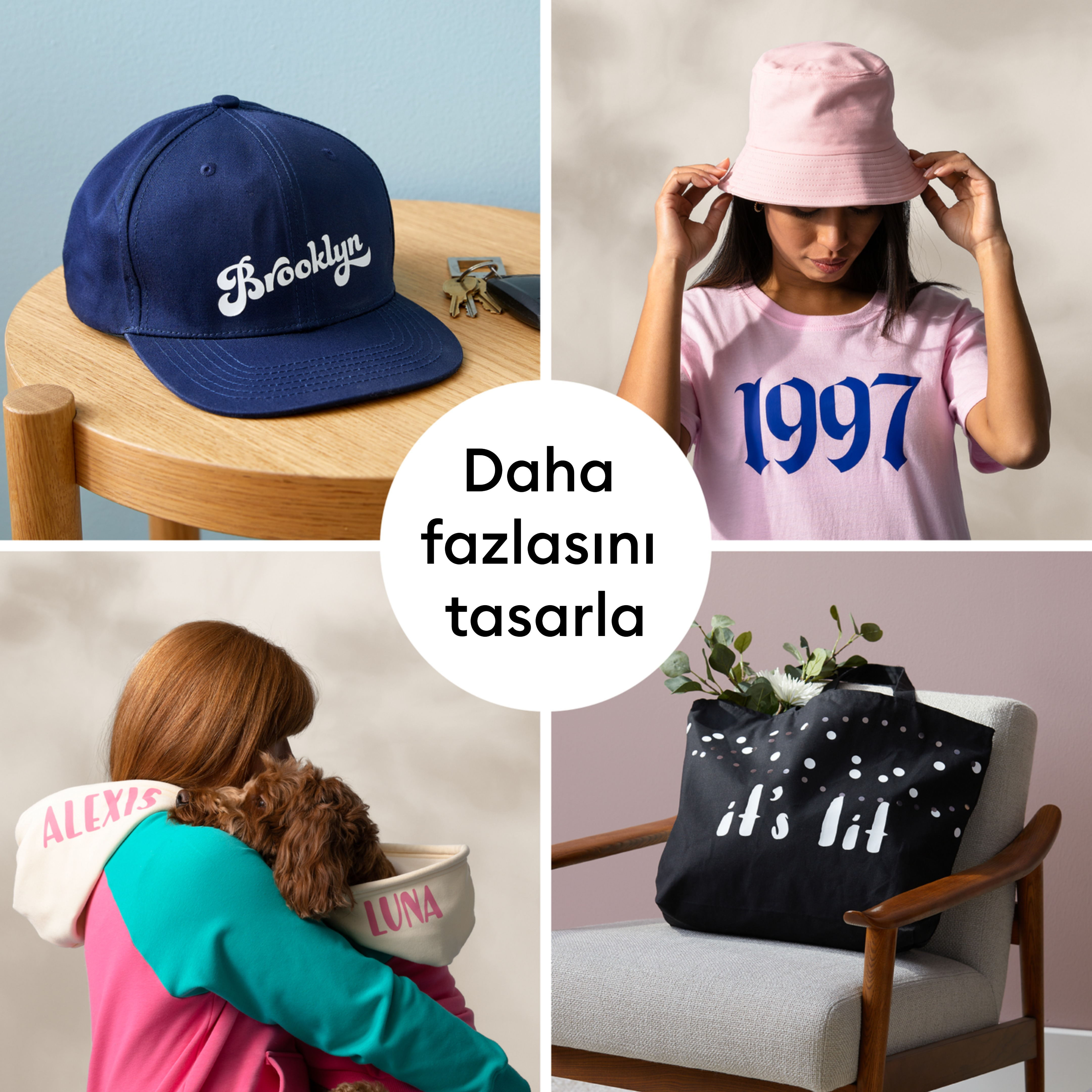 Mavi şapka, pembe şapka, köpekli kadın ve siyah çanta kolajı.