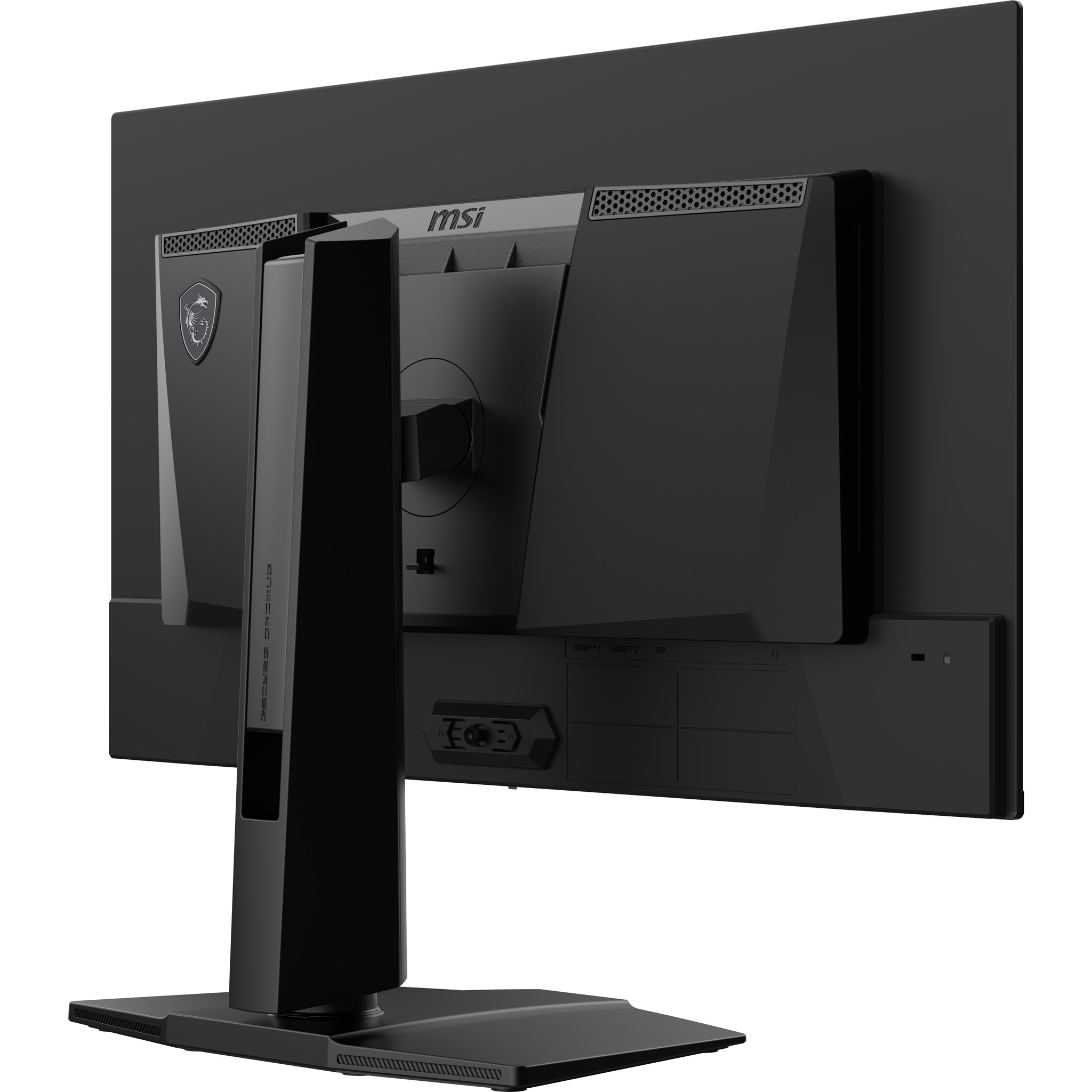 Rückseite eines schwarzen MSI Monitors mit HDMI- und DP-Anschlüssen.