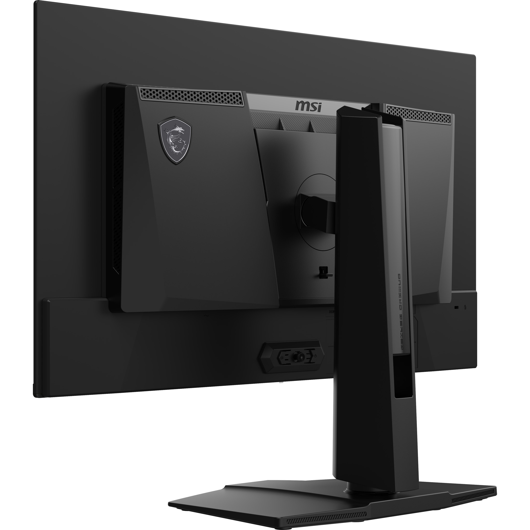 Die Rückseite eines schwarzen MSI-Monitors mit Drachenlogo und Lüftungsschlitzen.