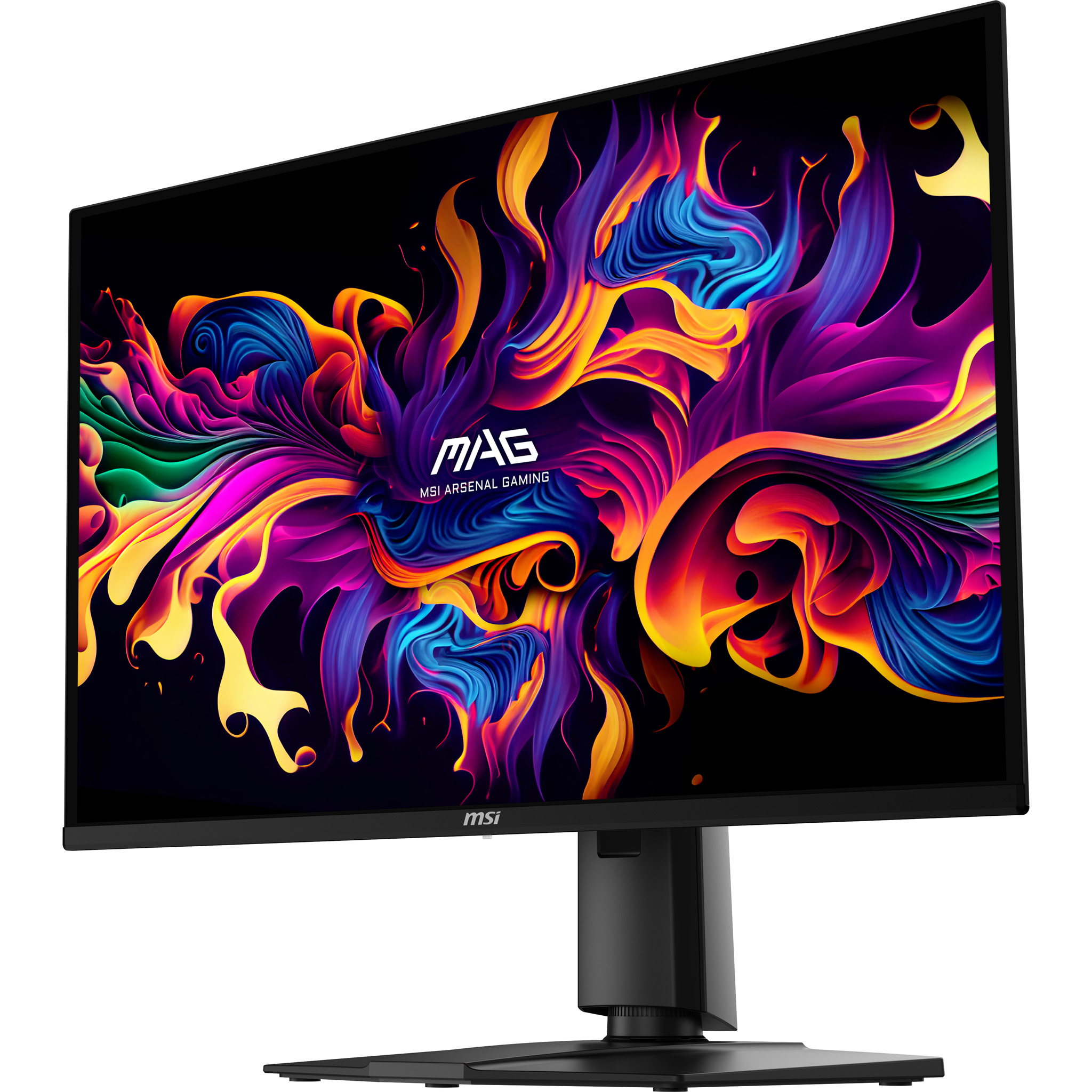 Ein schwarzer MSI Gaming-Monitor mit einem lebendigen, abstrakten Hintergrund in Flammenform.