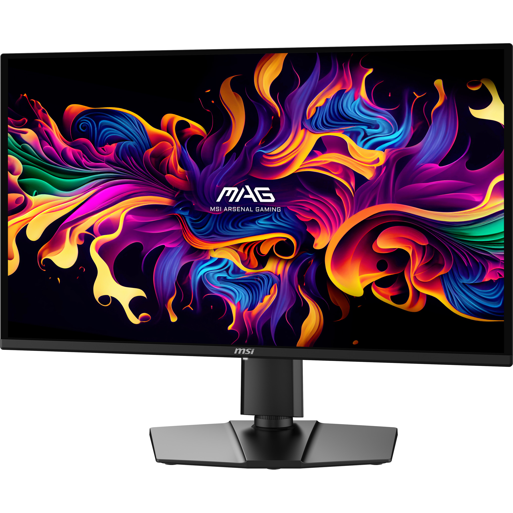 Ein schwarzer MSI Gaming-Monitor zeigt ein lebendiges, abstraktes Wirbelmuster.